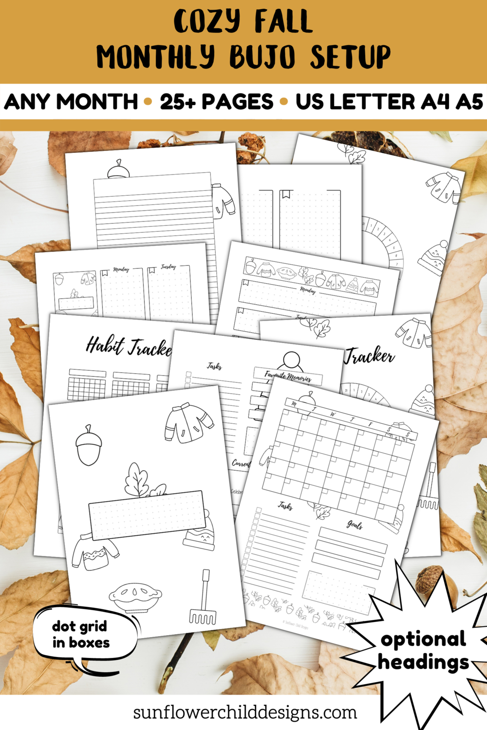 Cozy Fall Monthly Bullet Journal Setup Any Month undated headings  optional dot grid — Sunflower Child Designs