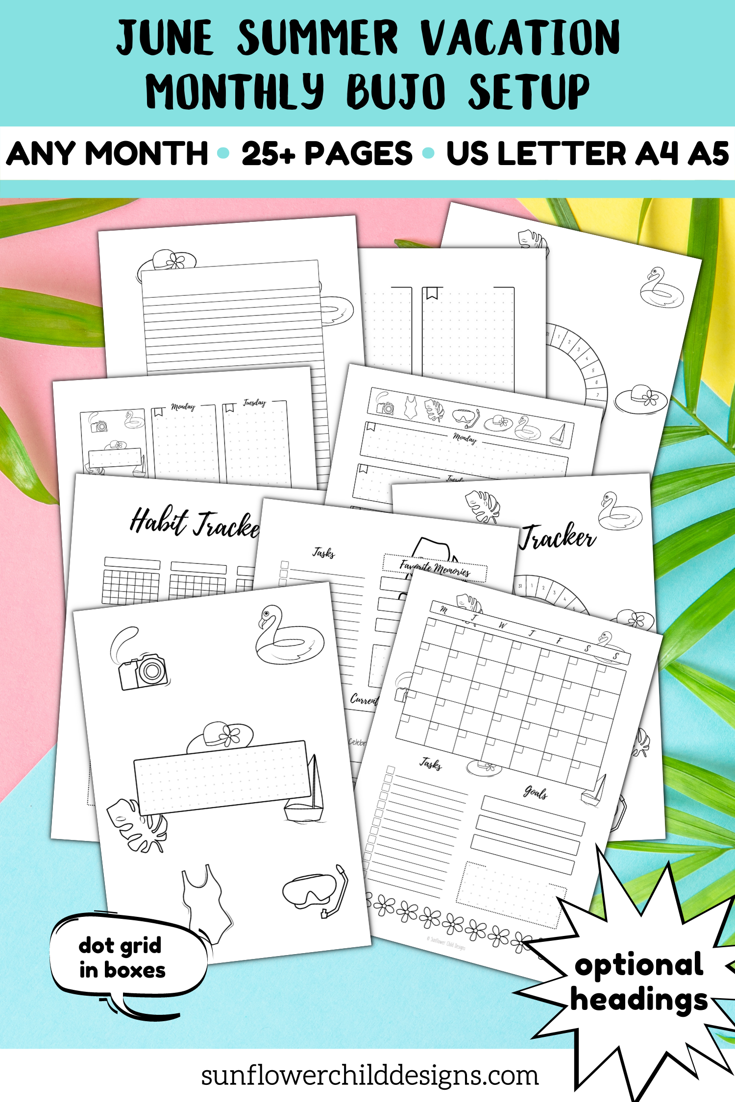 june summer bullet journal printables