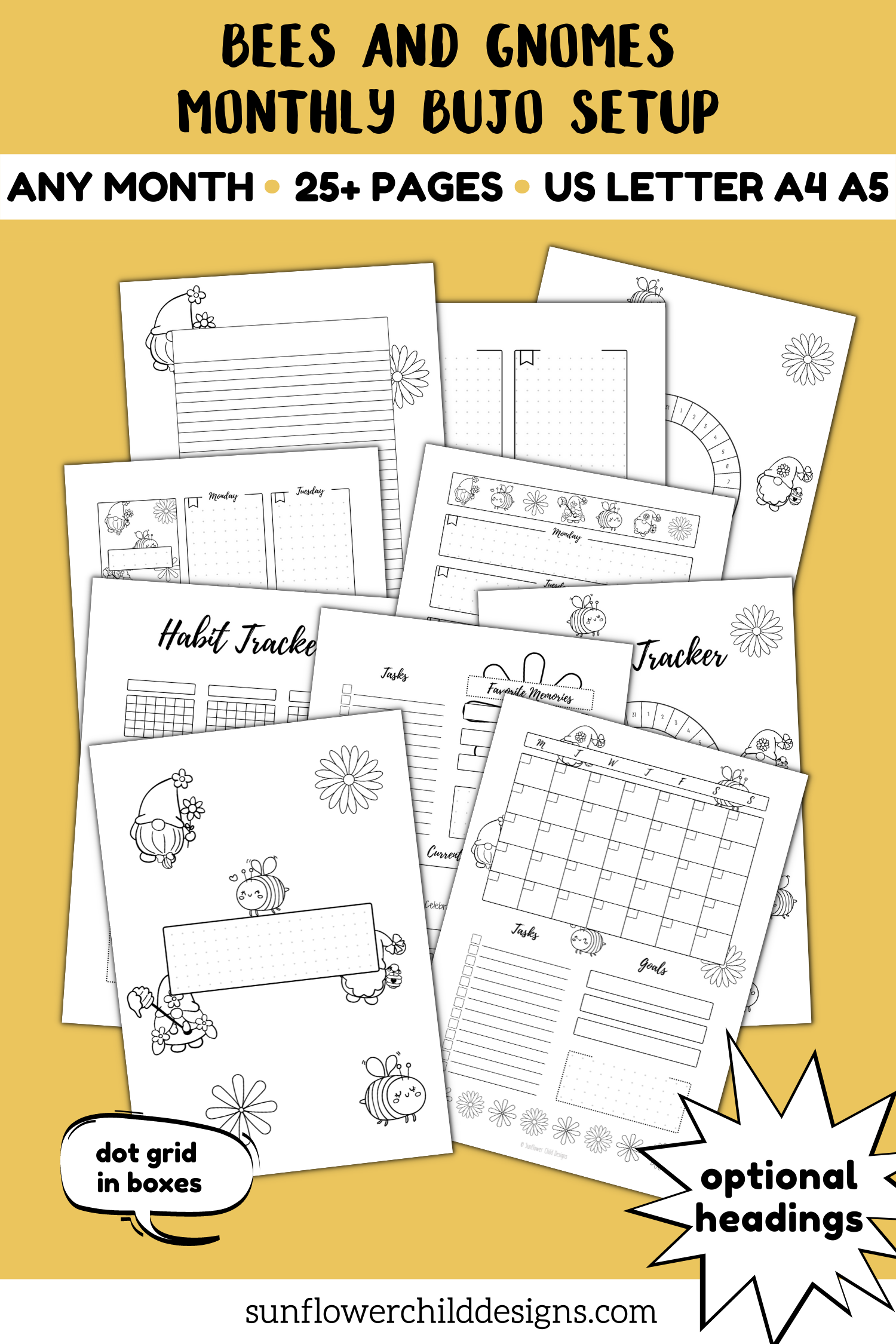 bees and gnomes bullet journal pages