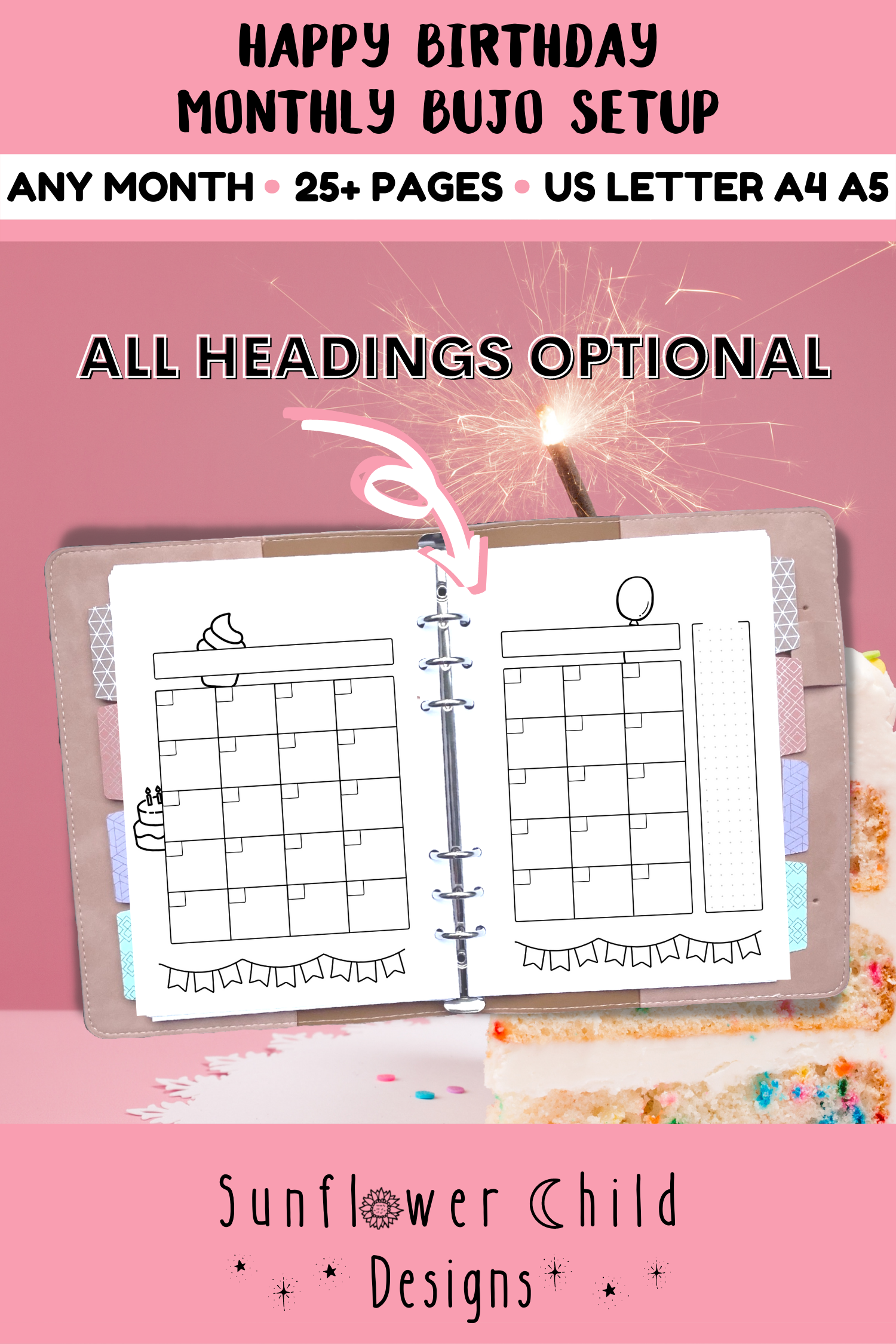 bullet journal calendar printables birthday theme