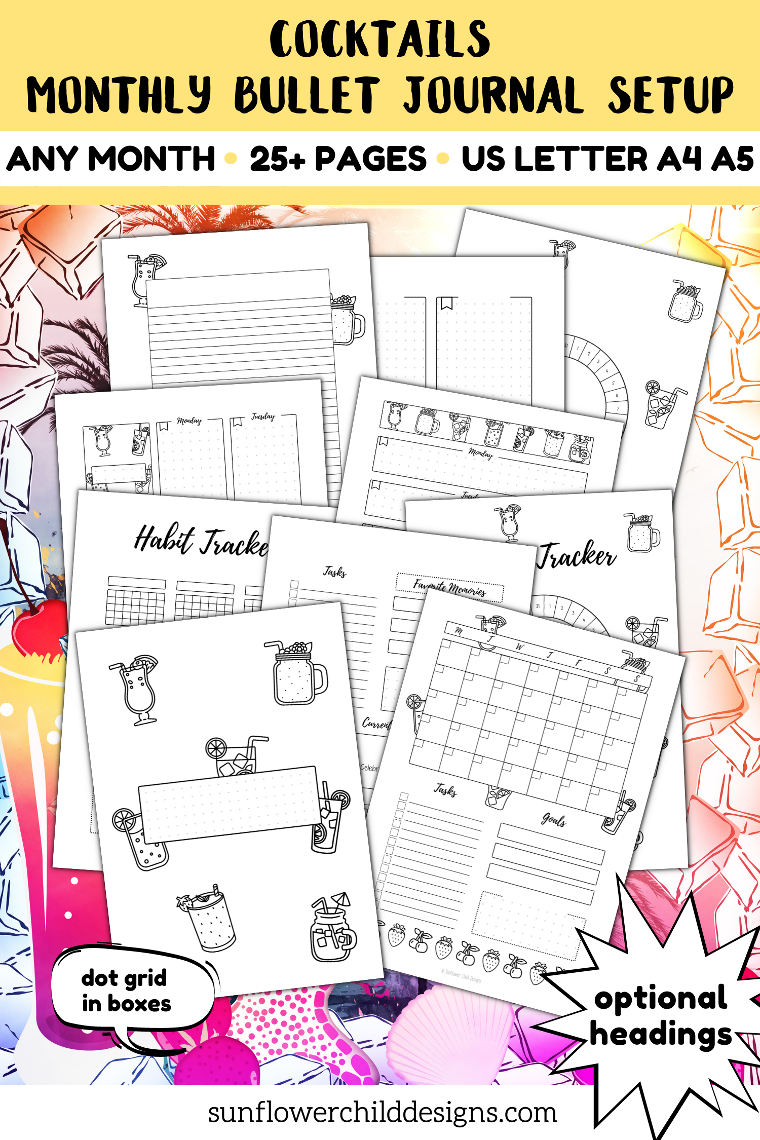 Cocktails Themed Monthly Bullet Journal Setup - Any Month - undated - headings optional - dot grid