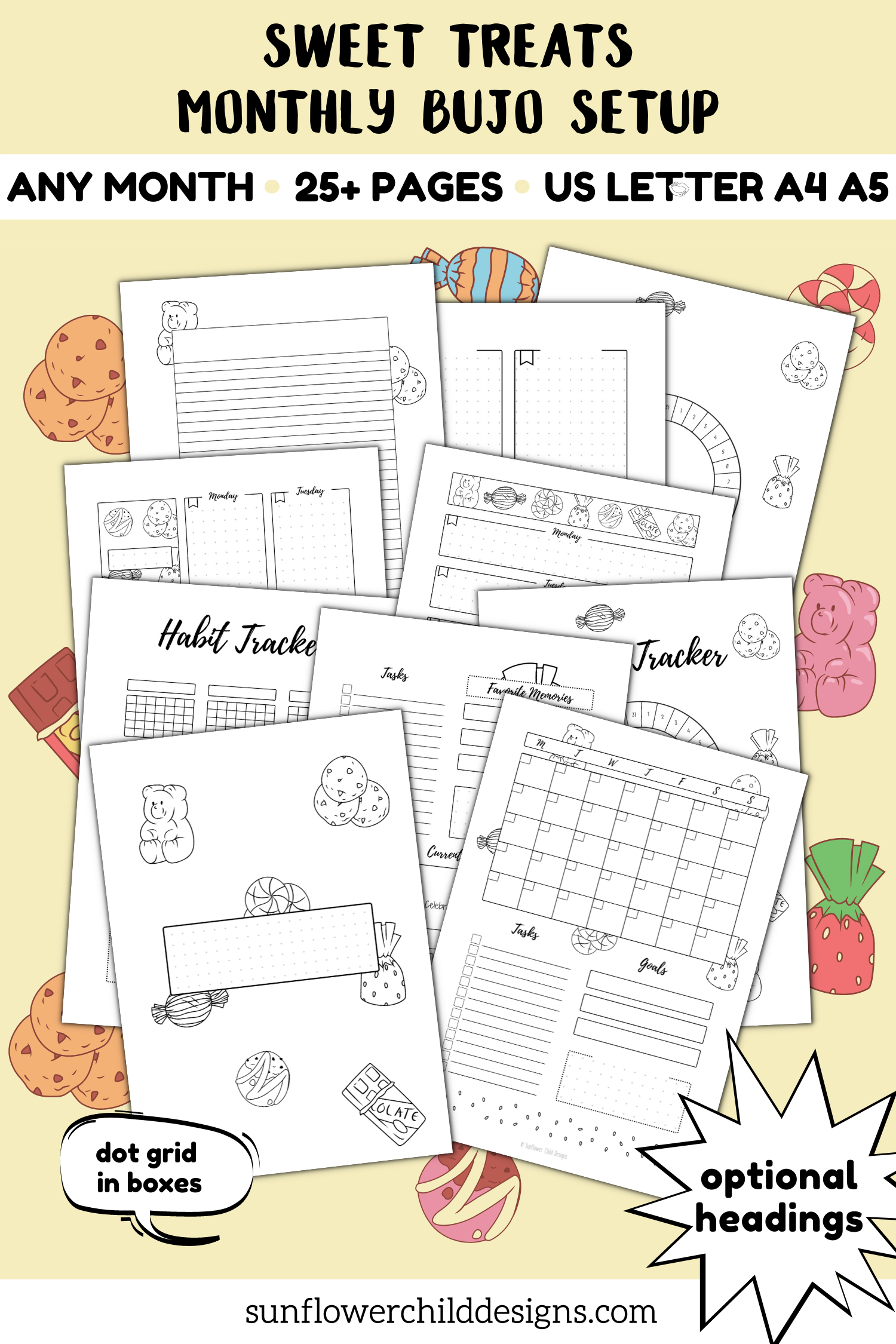 Sweet Treats Themed Monthly Bullet Journal Setup - Any Month - undated - headings optional - dot grid