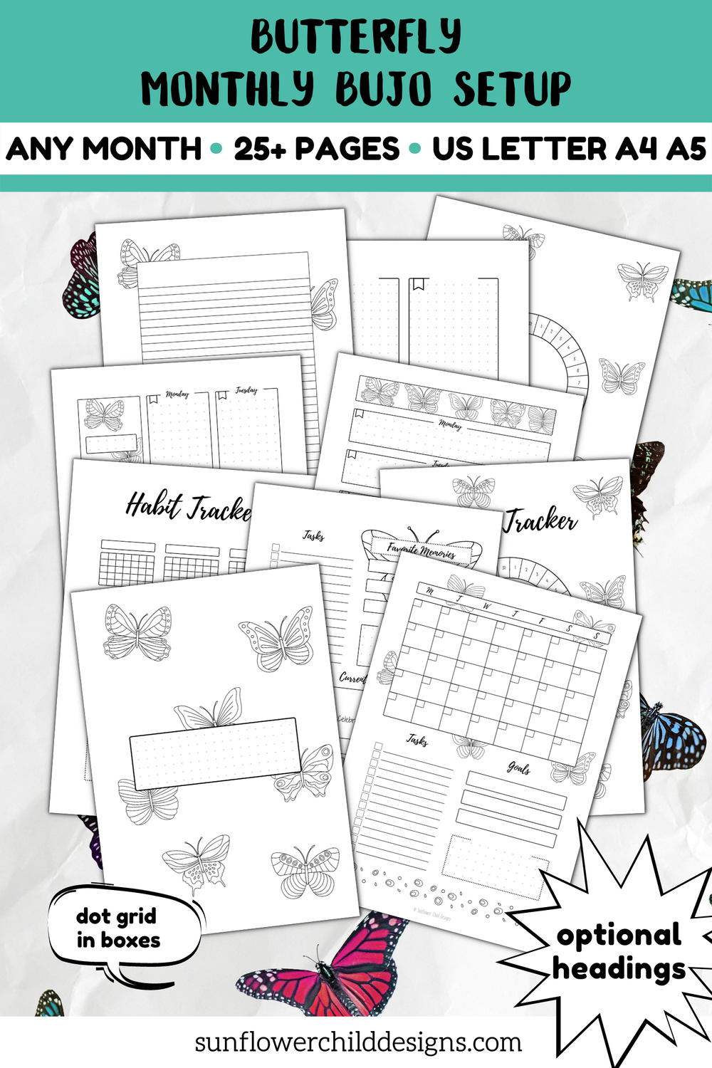 butterfly-themed-monthly-bullet-journal-setup-any-month-undated-headings-optional-dot-grid-sunflower-child-designs for Free Printable Butterfly Observation Journal Butterfly Themed Monthly Bullet Journal Setup - Any Month - undated - headings optional - dot grid — Sunflower Child Designs for Free Printable Butterfly Observation Journal