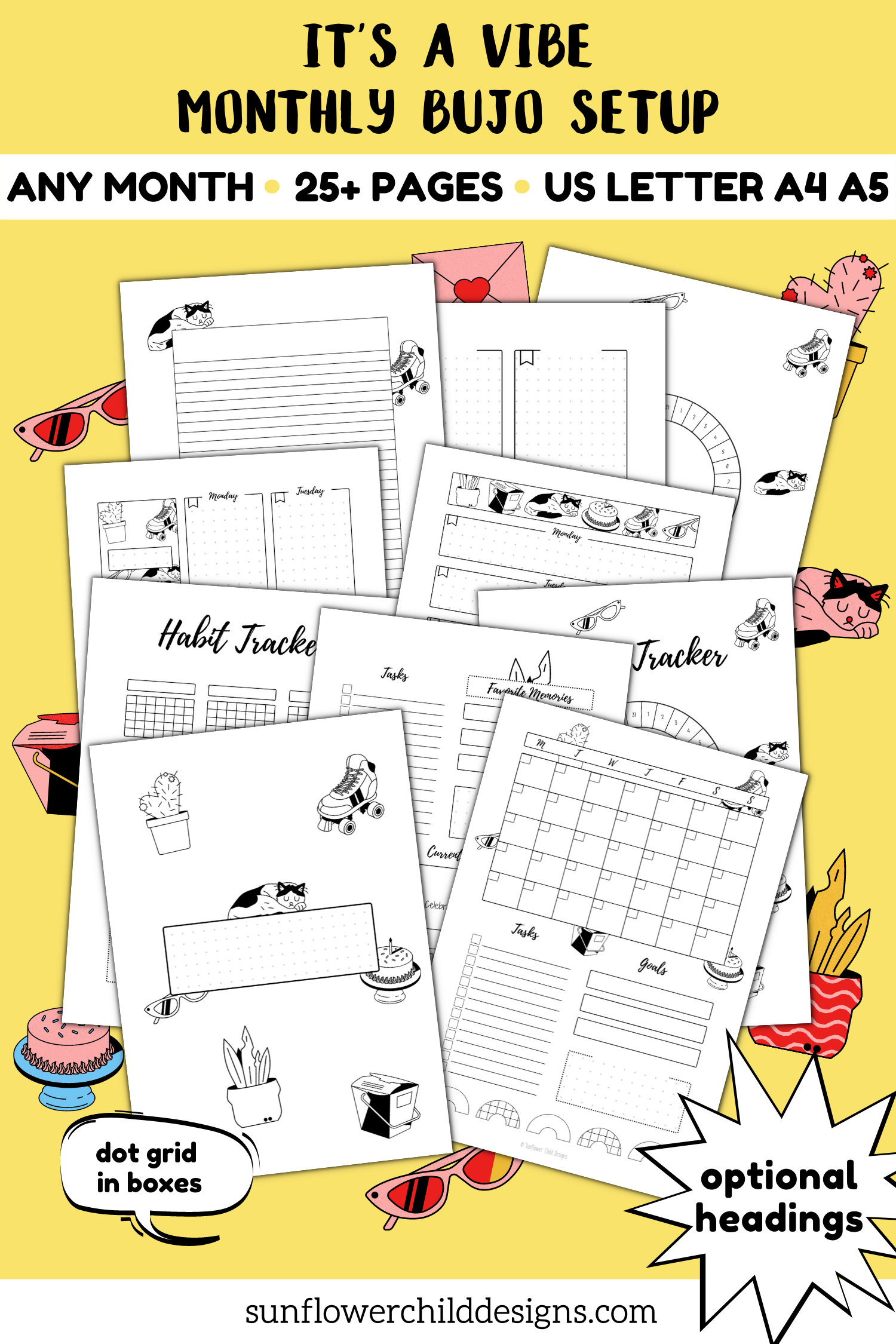It's a Vibe Themed Monthly Bullet Journal Setup - Any Month - undated - headings optional - dot grid
