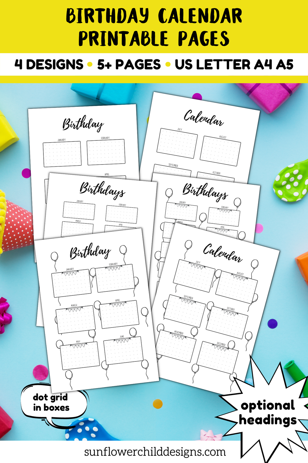 Birthday Calendar Printable Pages - graphics optional - 4 Design Options —  Sunflower Child Designs