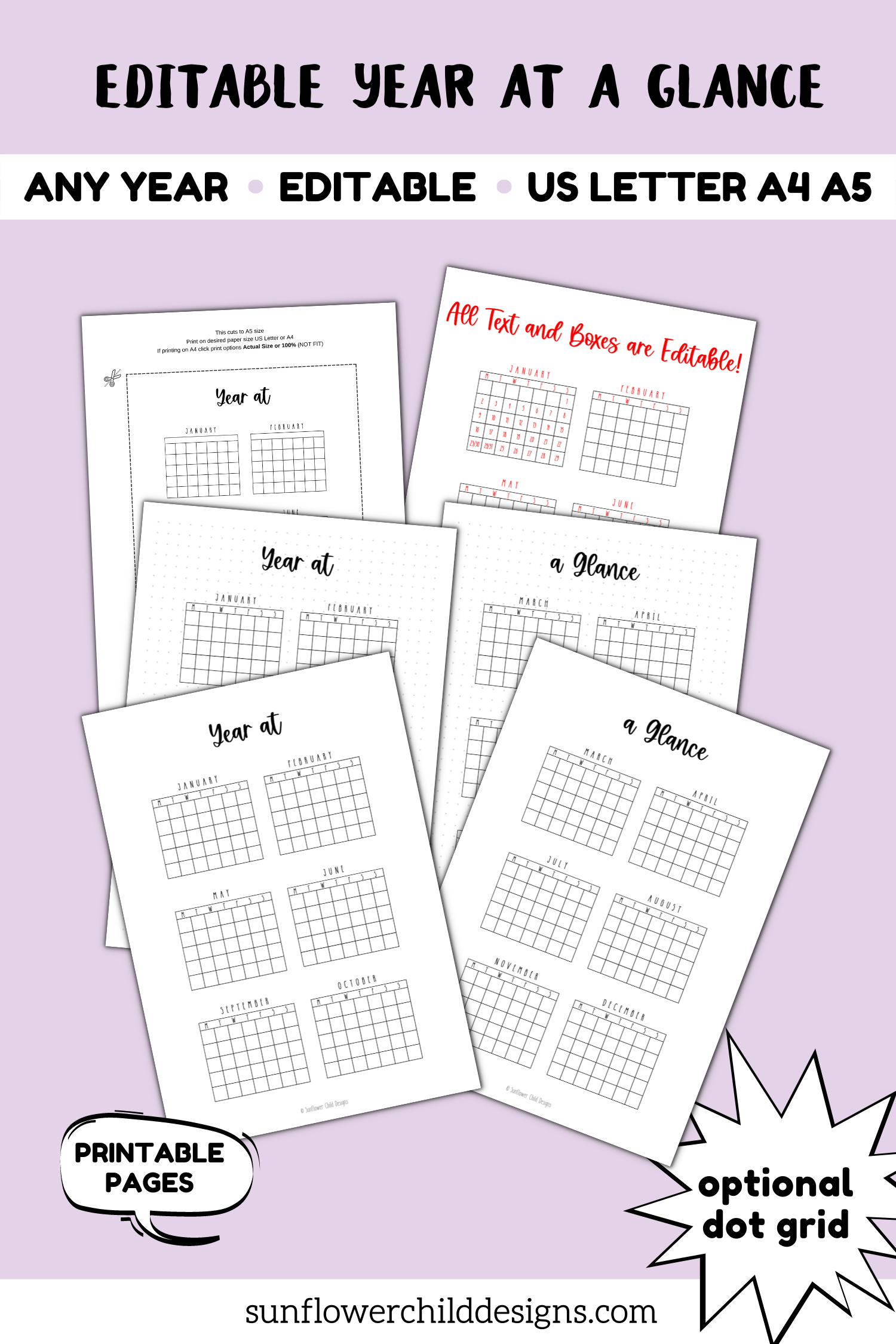 EDITABLE Year at a Glance use for any year! Dot Grid Optional All Text and Boxes are Editable