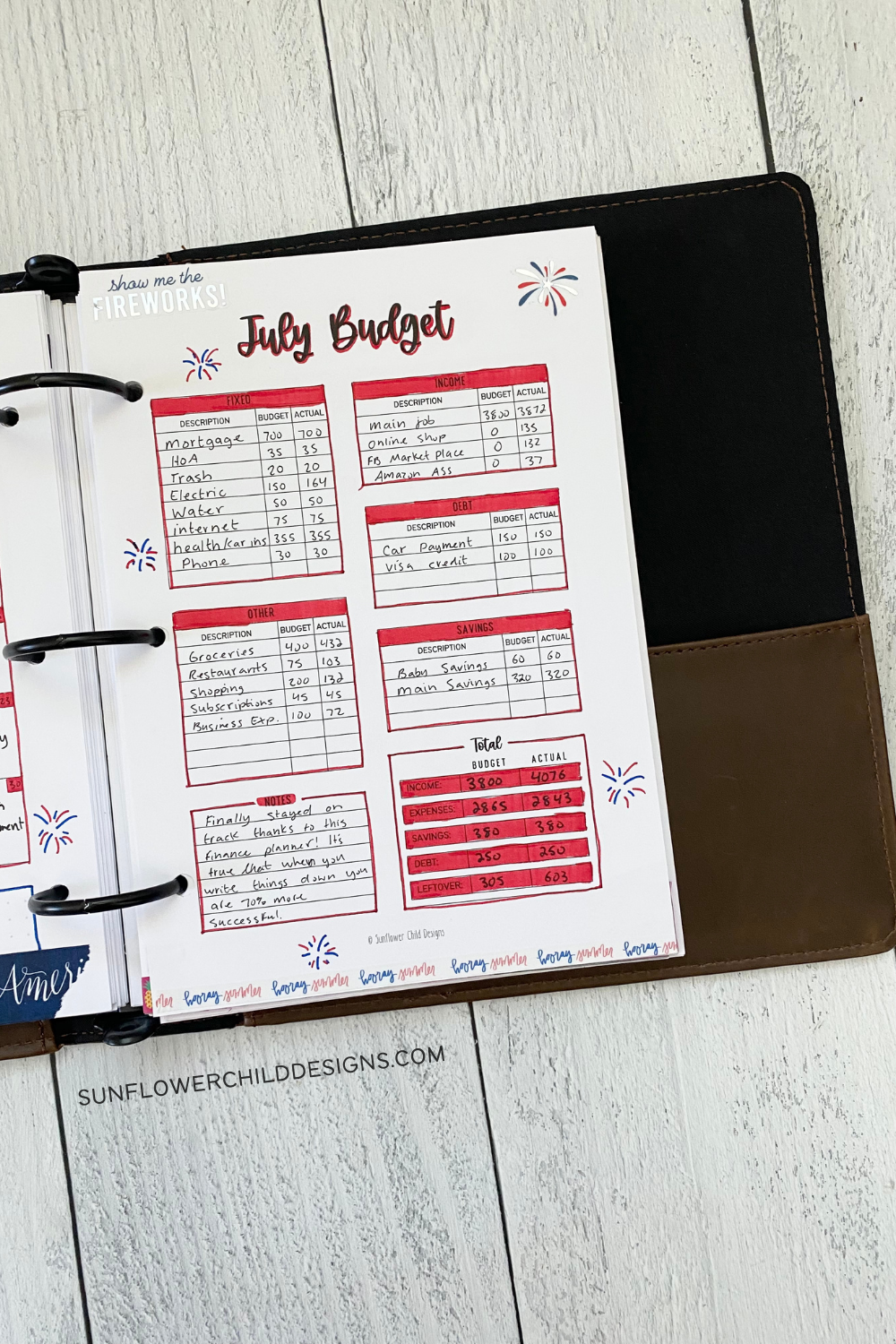 July Monthly Budget Page from the Finance Planner