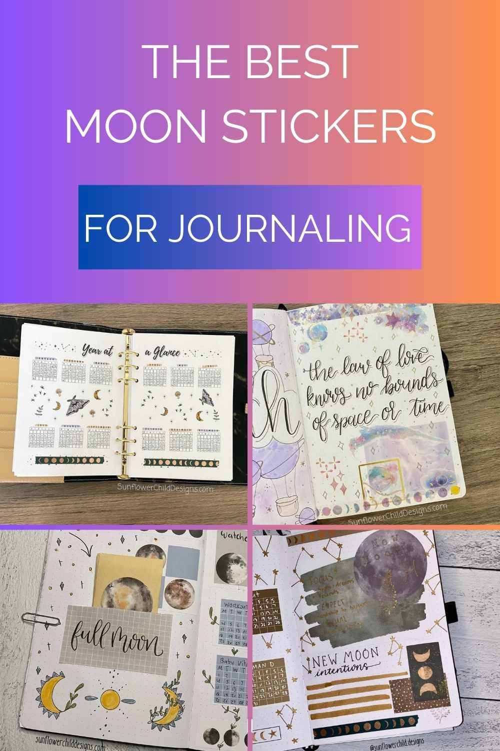 moon stickers on bullet journal pages