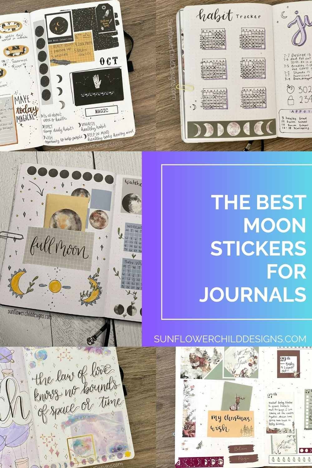 collage of moon stickers on bullet journal pages