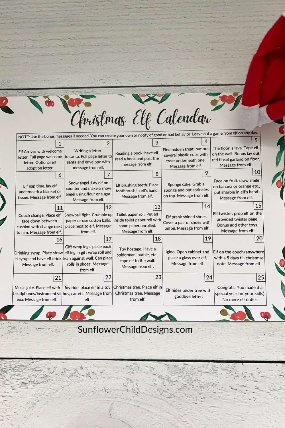 One page Elf calendar 