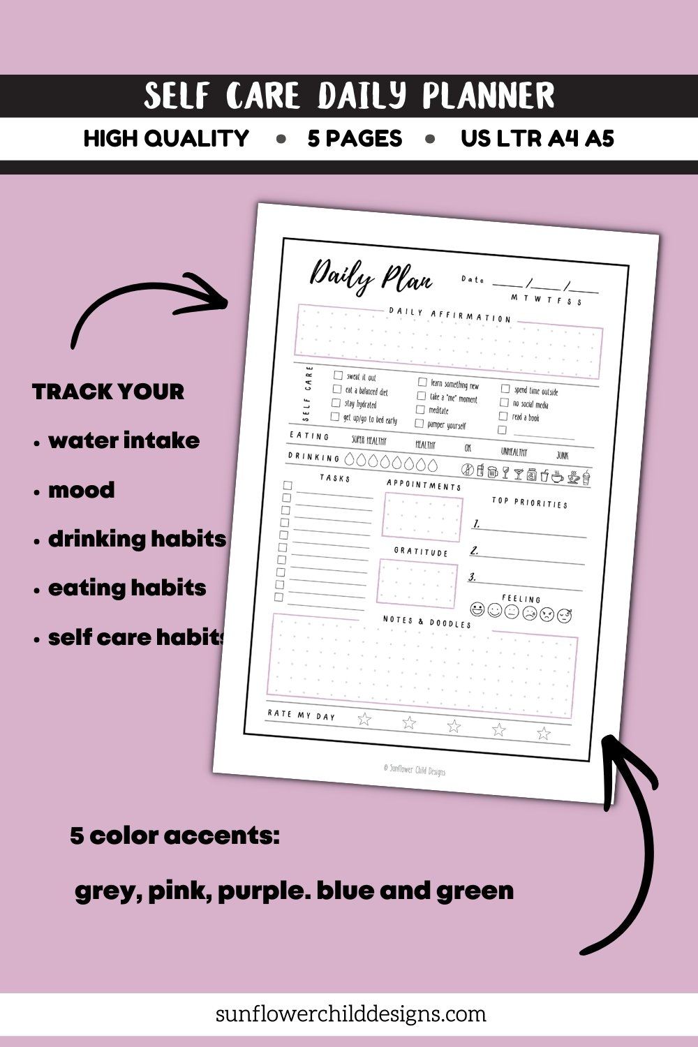 Printable daily self care planner page with sections for water intake, movement, mood, gratitude, and daily focus