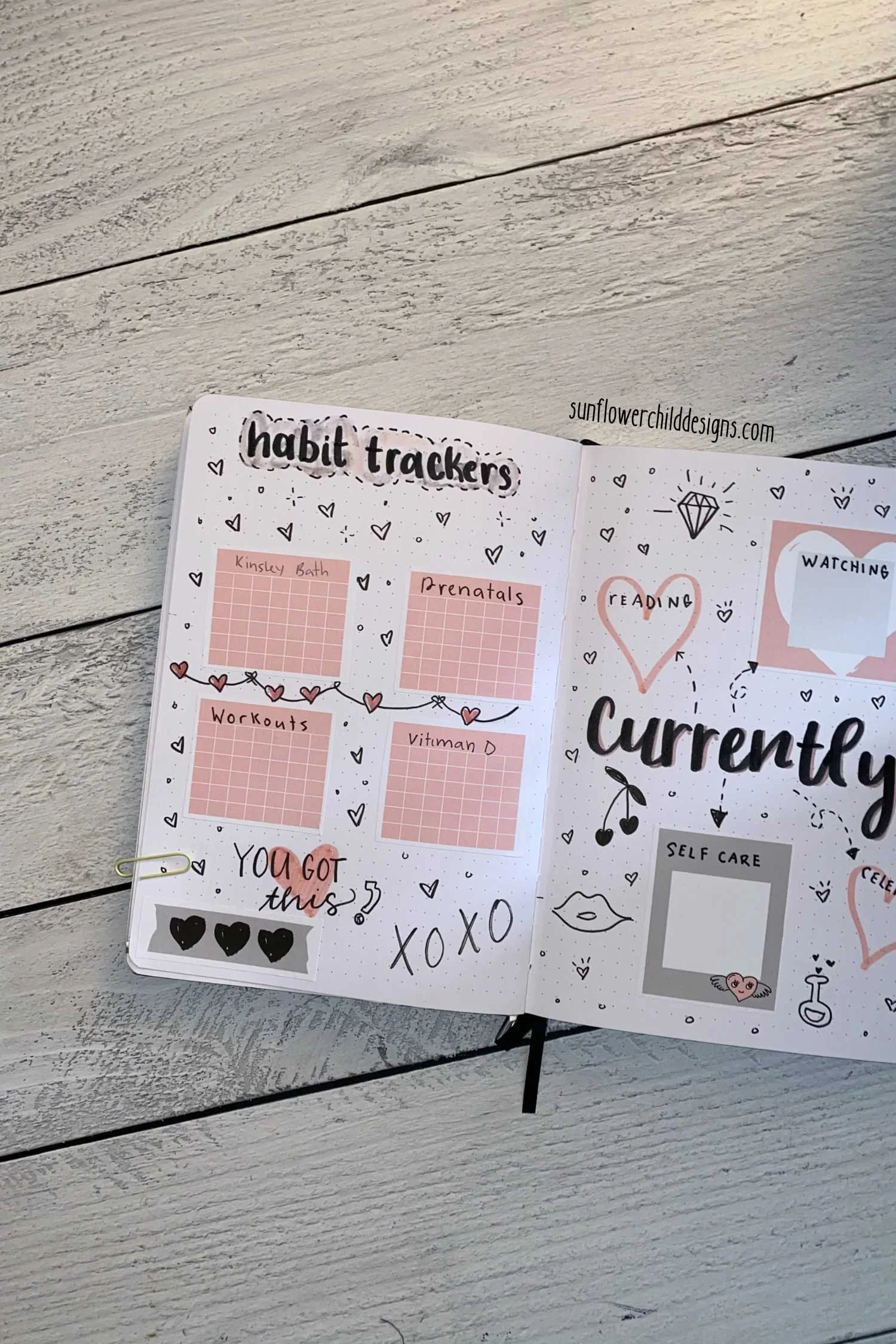 Habit Trackers Hearts Themed Bujo Page