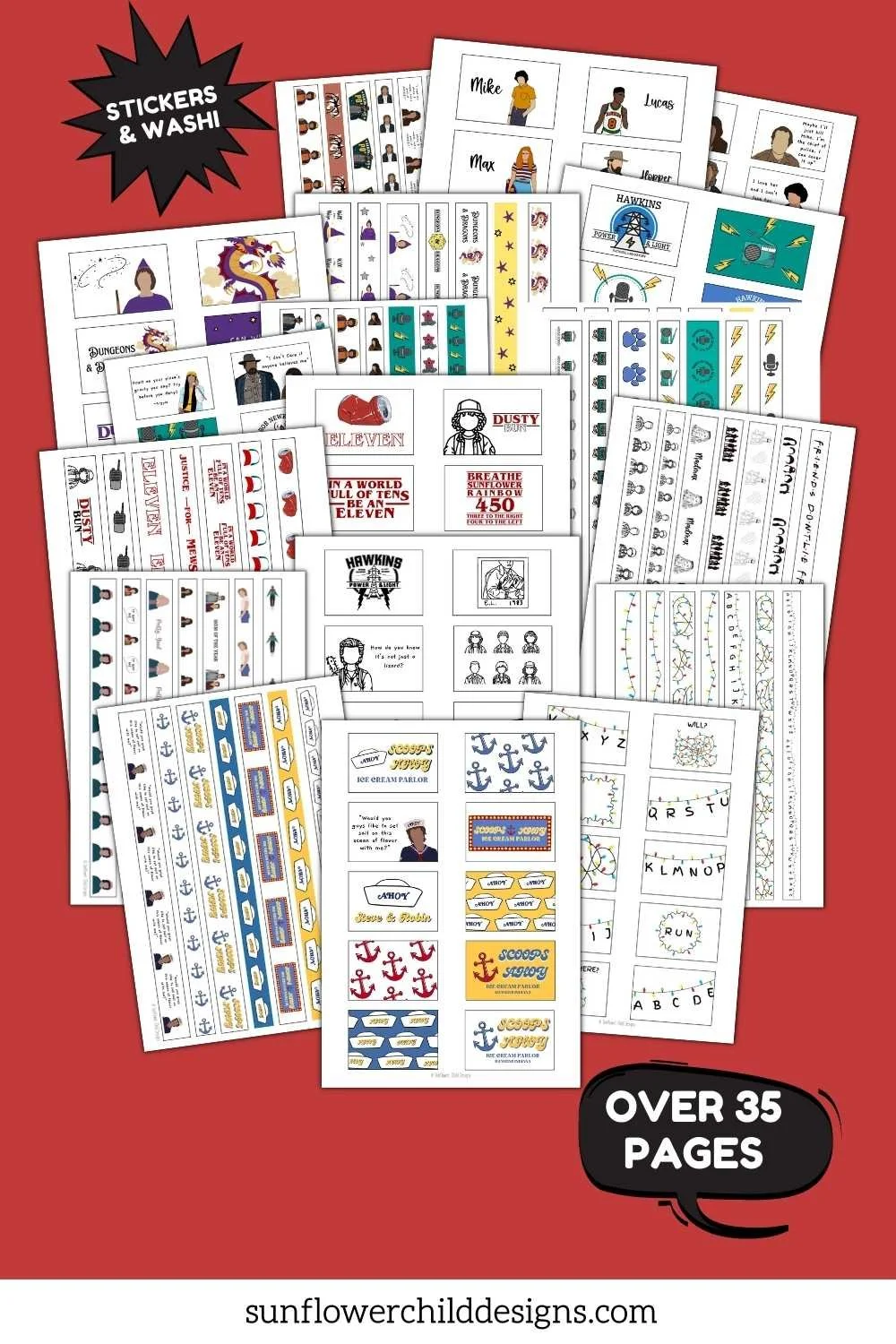 Retro fandom themed printable sticker sheets including character and quote designs