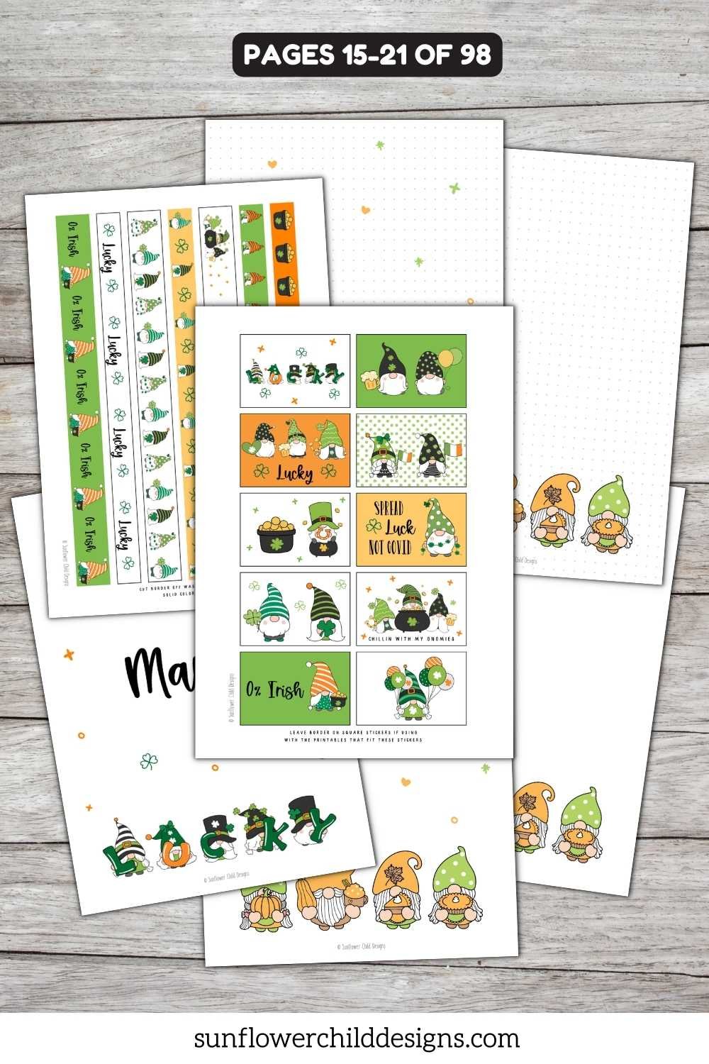 March st pattys themed gnome printable planner stickers with green and spring designs