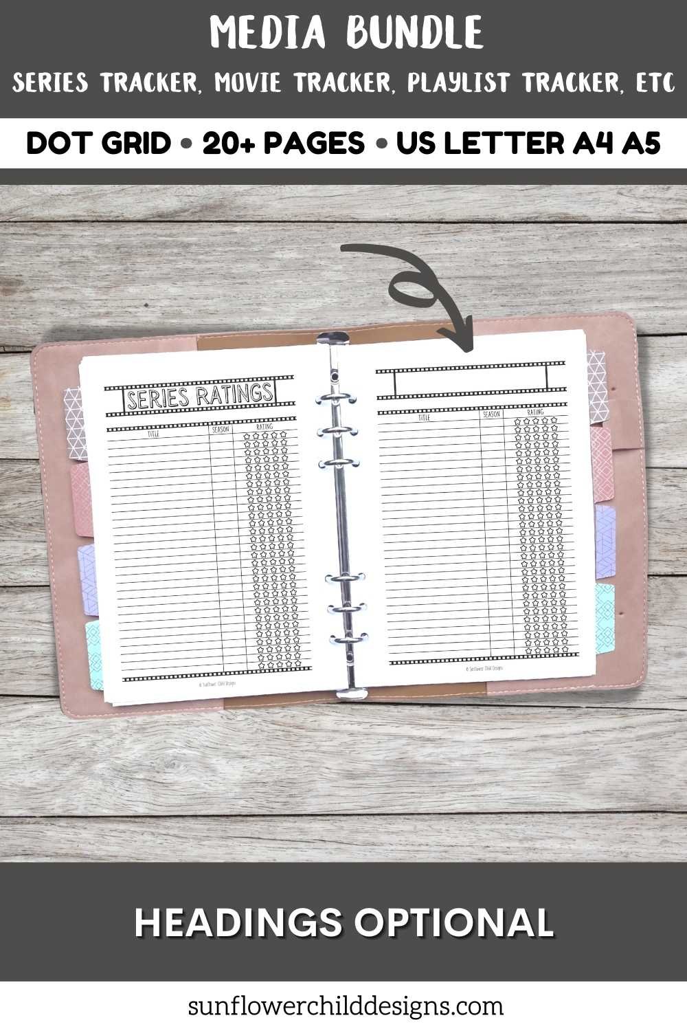 Printable TV series tracker page displayed in a binder with structured columns for logging and rating shows