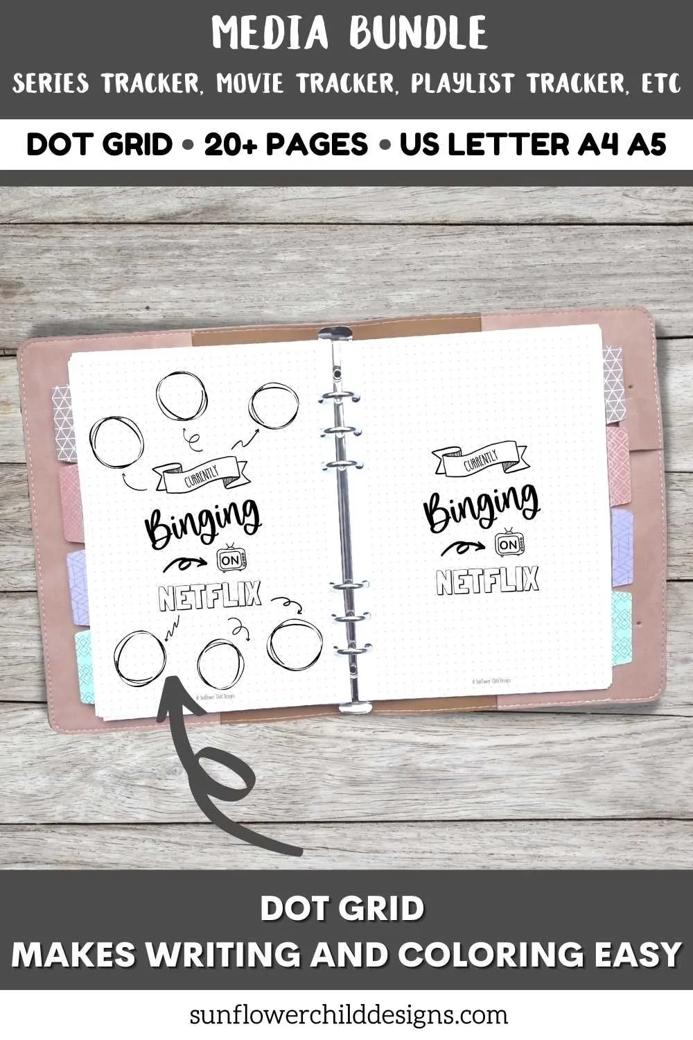 Open binder spread decorated with printable media tracker pages for movies and series tracking