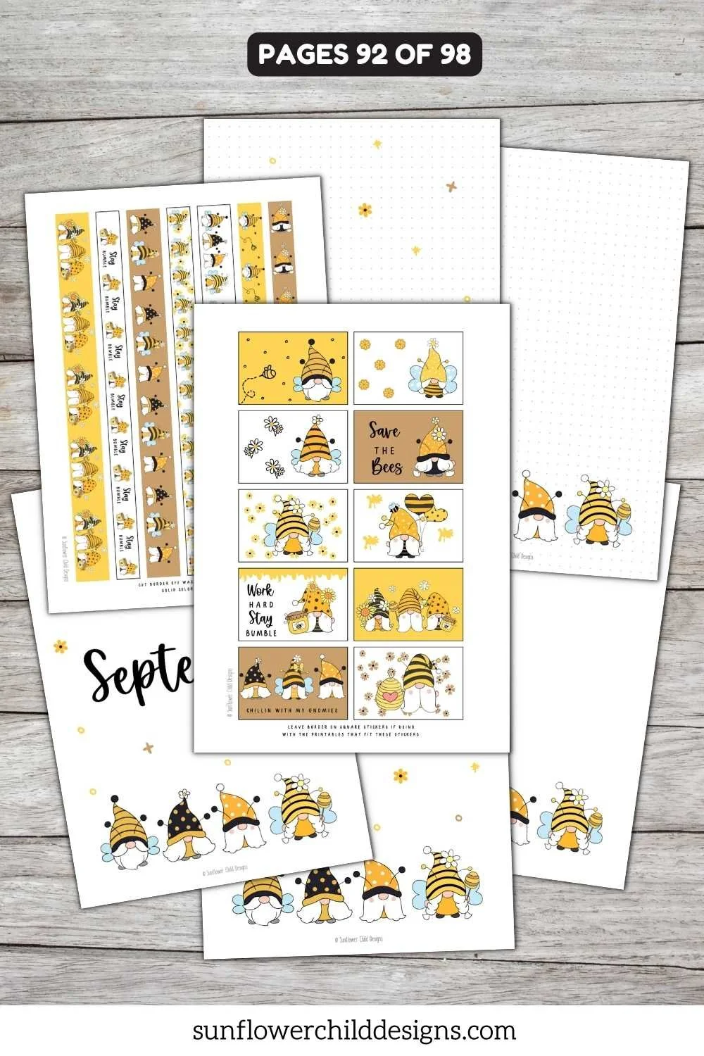 bumblebee gnome planner stickers with seasonal decorative elements and matching sidebar strips