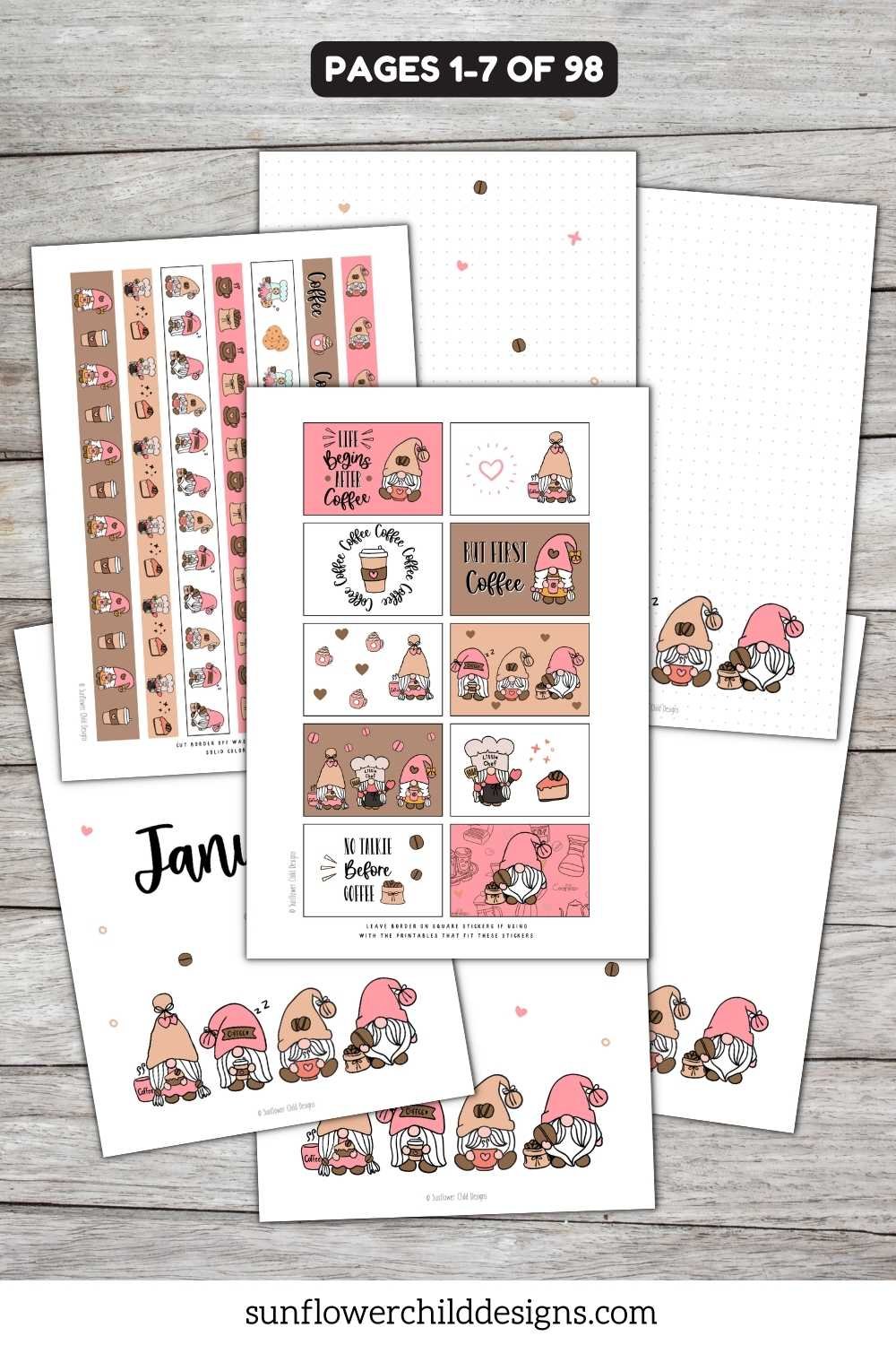 January coffee gnome printable planner stickers with coordinating washi strips