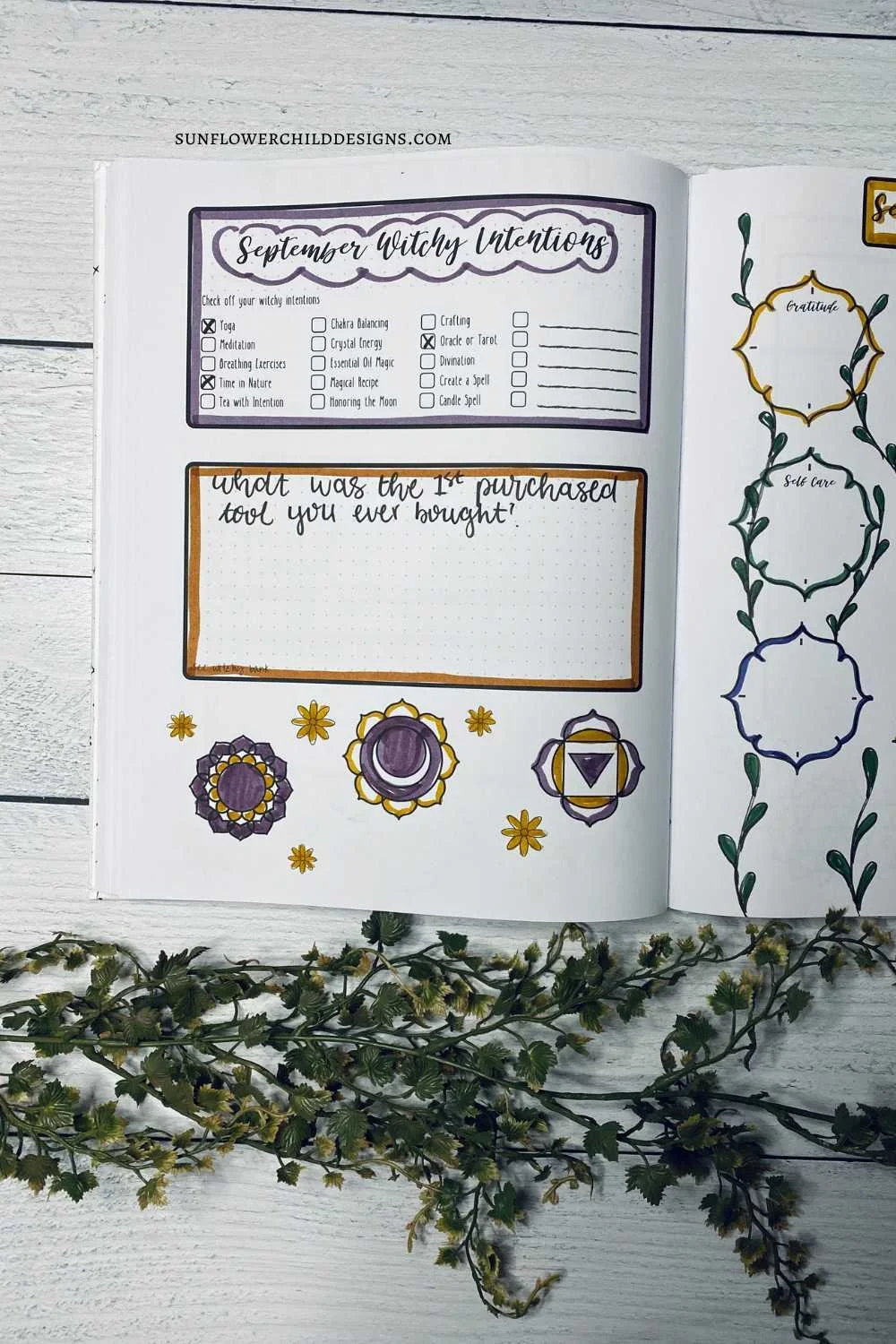 September witchy intentions page from a chakra-themed bullet journal, featuring checkboxes for monthly goals and guided prompts for deeper reflection.