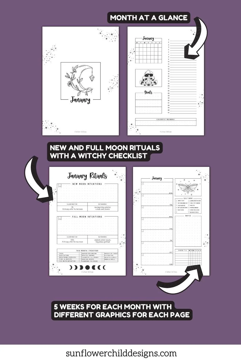 Printable full and new moon ritual journal layouts with guided prompts