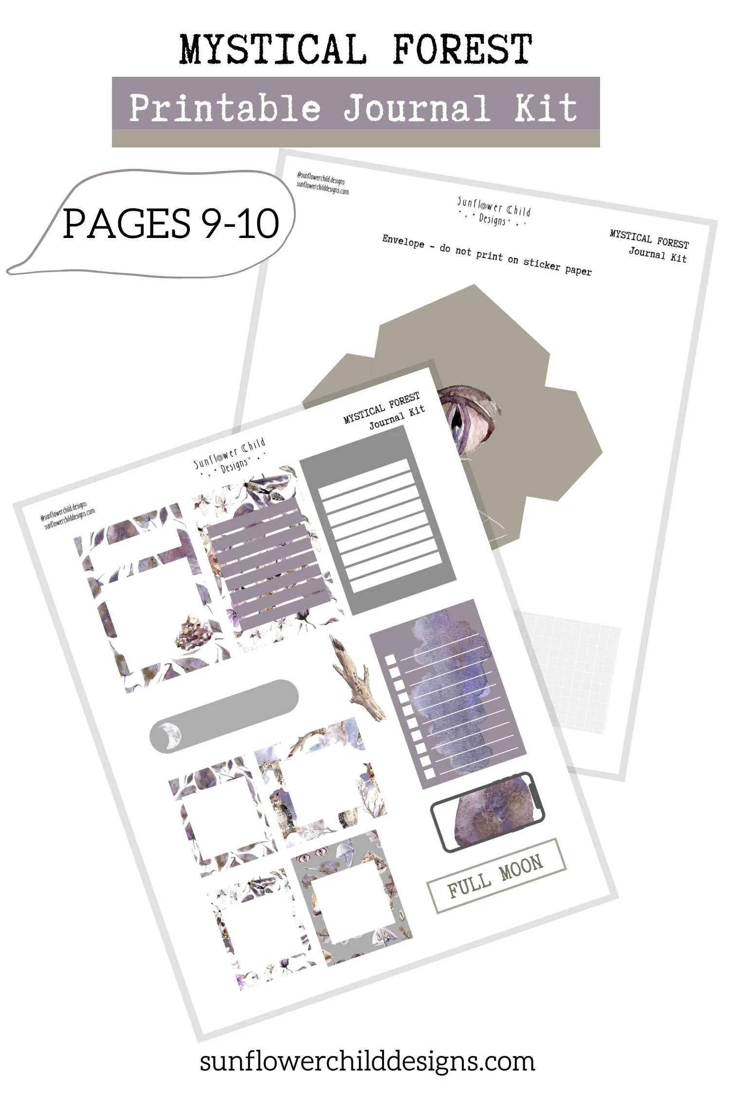 Celestial forest printable stickers with journaling boxes, banners, and woodland illustrations