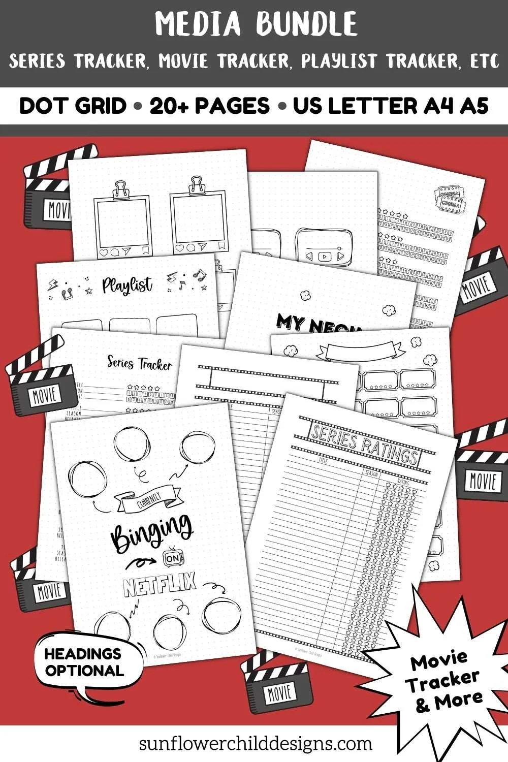 Printable media tracker bundle featuring movie tracker, TV series tracker, playlist tracker, and dot grid journal pages