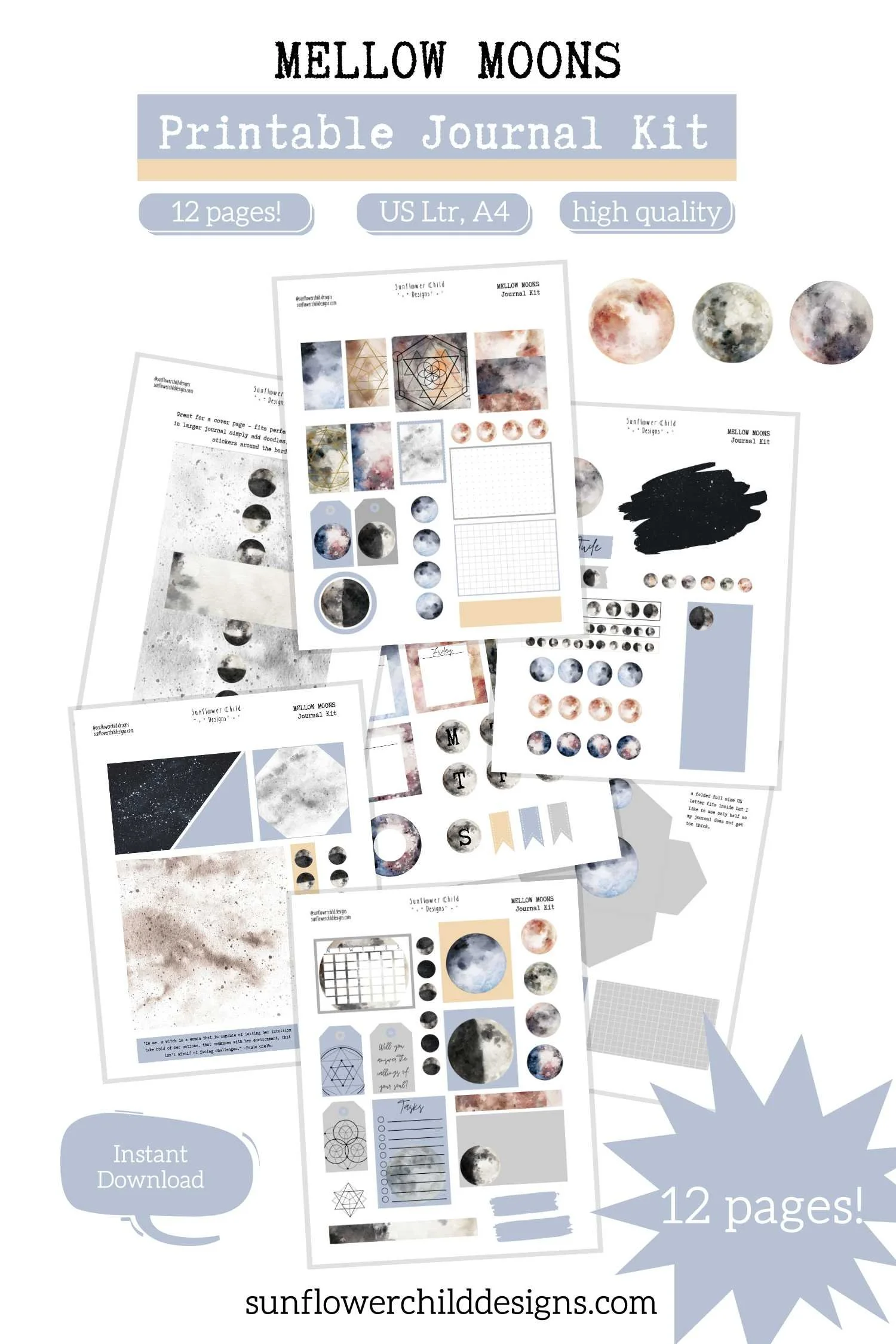 Mellow Moons journal kit printable planner stickers featuring 12 pages of moon phase elements, boxes, labels, and decorative accents