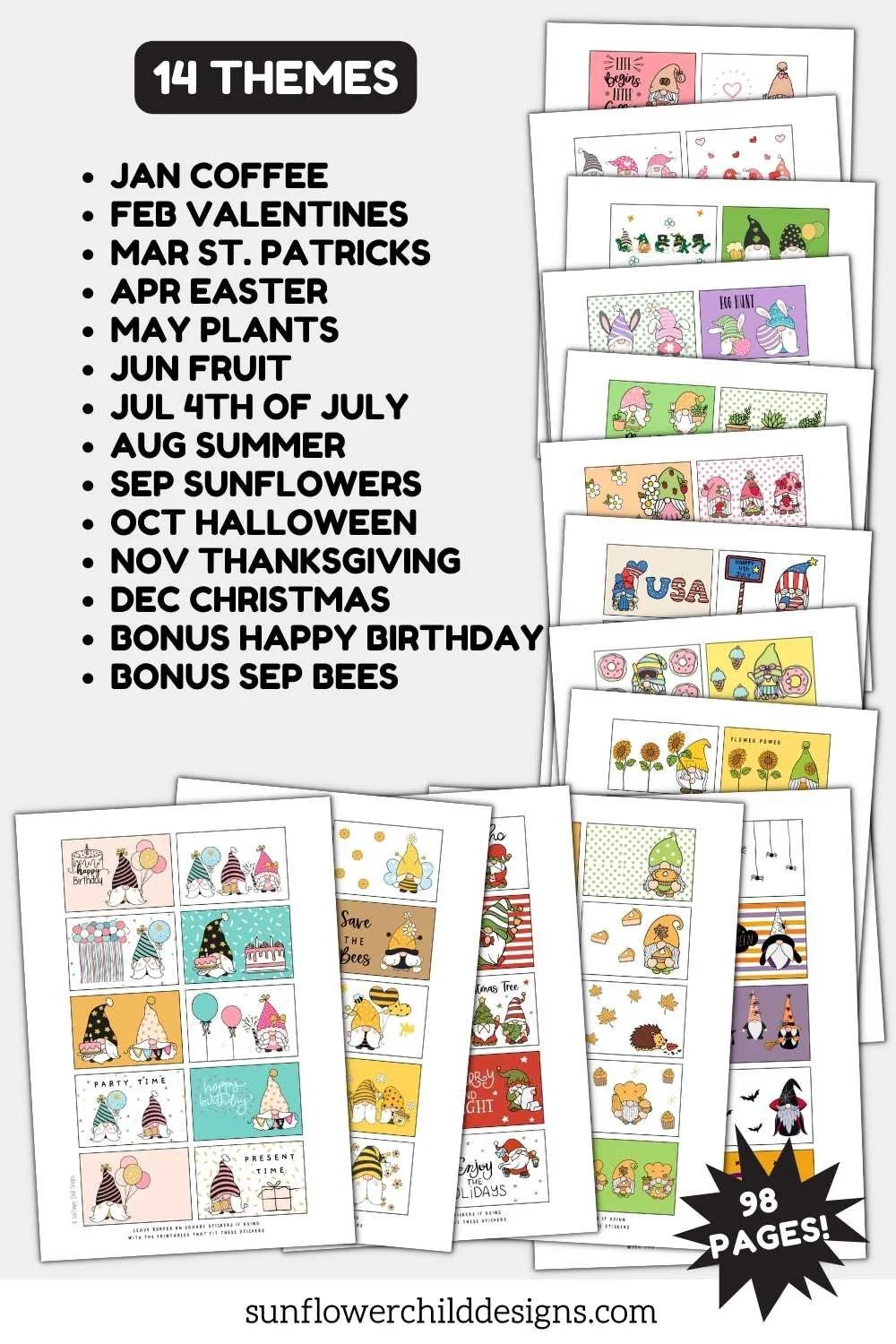 Printable gnome sticker sheets showing holiday themes including St. Patrick’s Day, Easter, 4th of July, Halloween, Thanksgiving, and Christmas