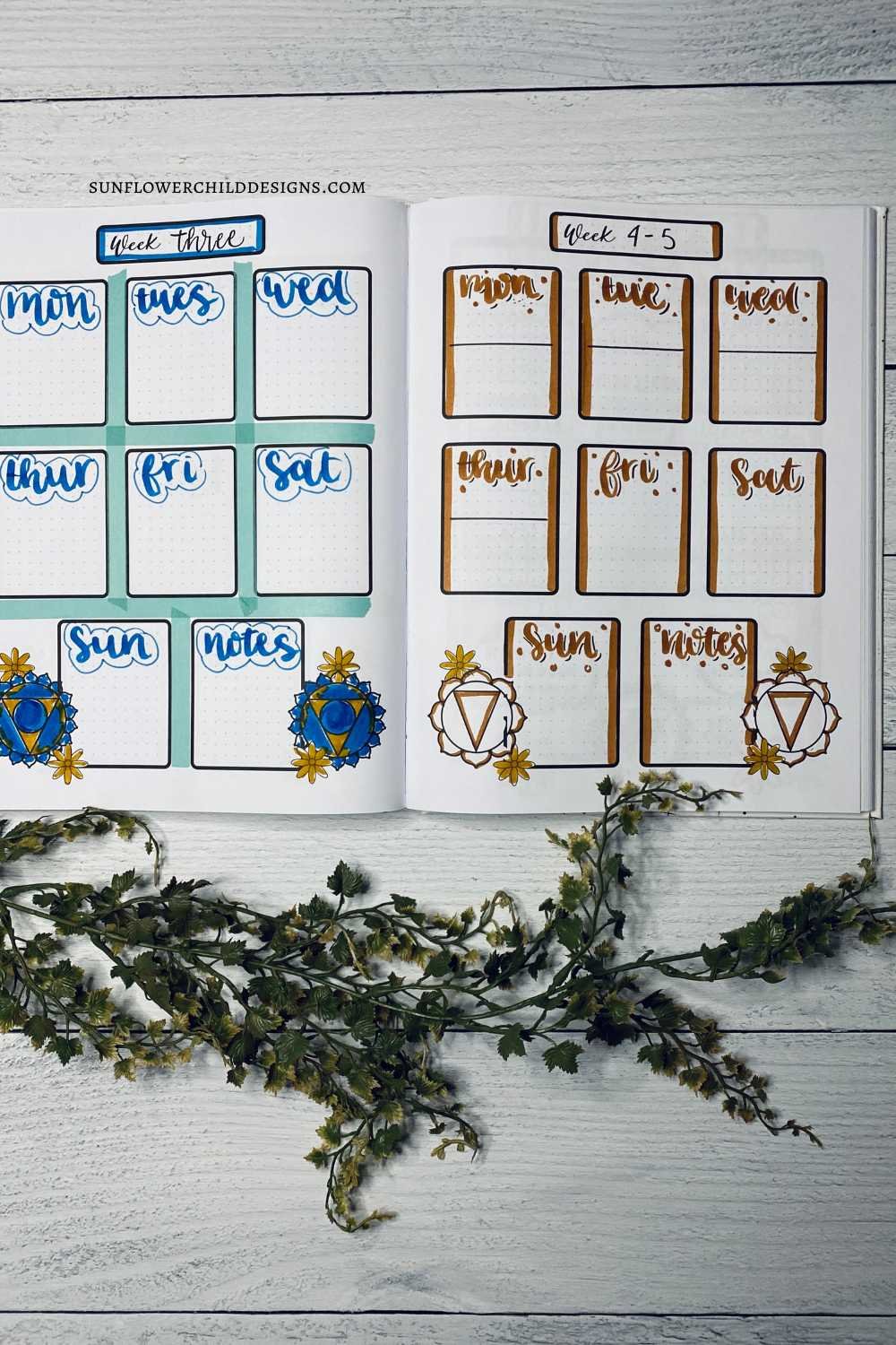 September weekly bullet journal spreads featuring a chakra theme, with week three in blue tones and week four in warm brown accents for visual contrast.