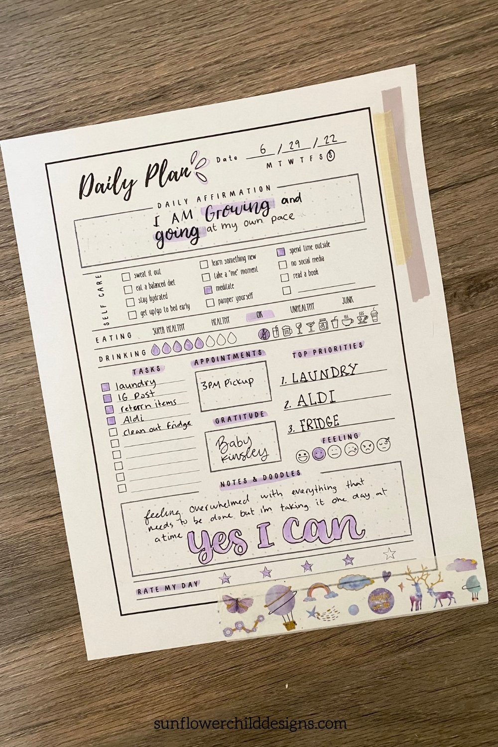Completed daily self care planner page example showing habit tracking, priorities, mood tracking, and daily reflection sections