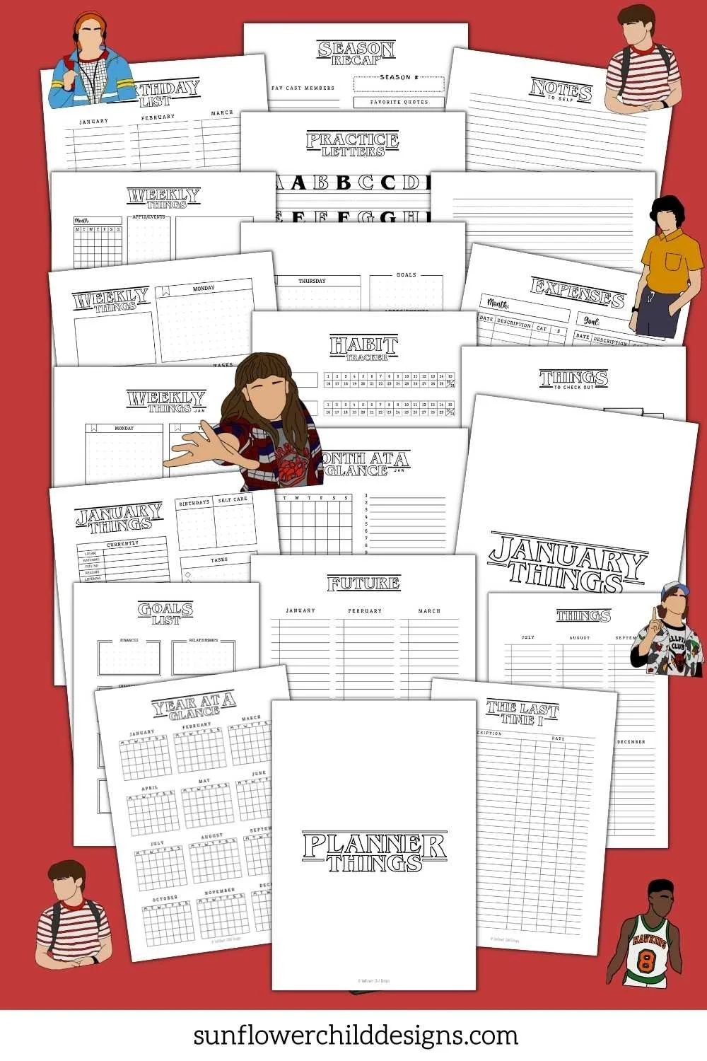 Strange Planner Things printable bundle showing 200+ retro supernatural themed planner pages and stickers