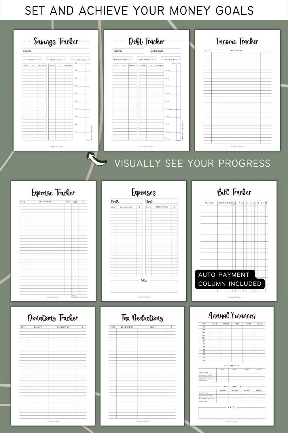Savings goal planner pages and visual progress trackers for money milestones.