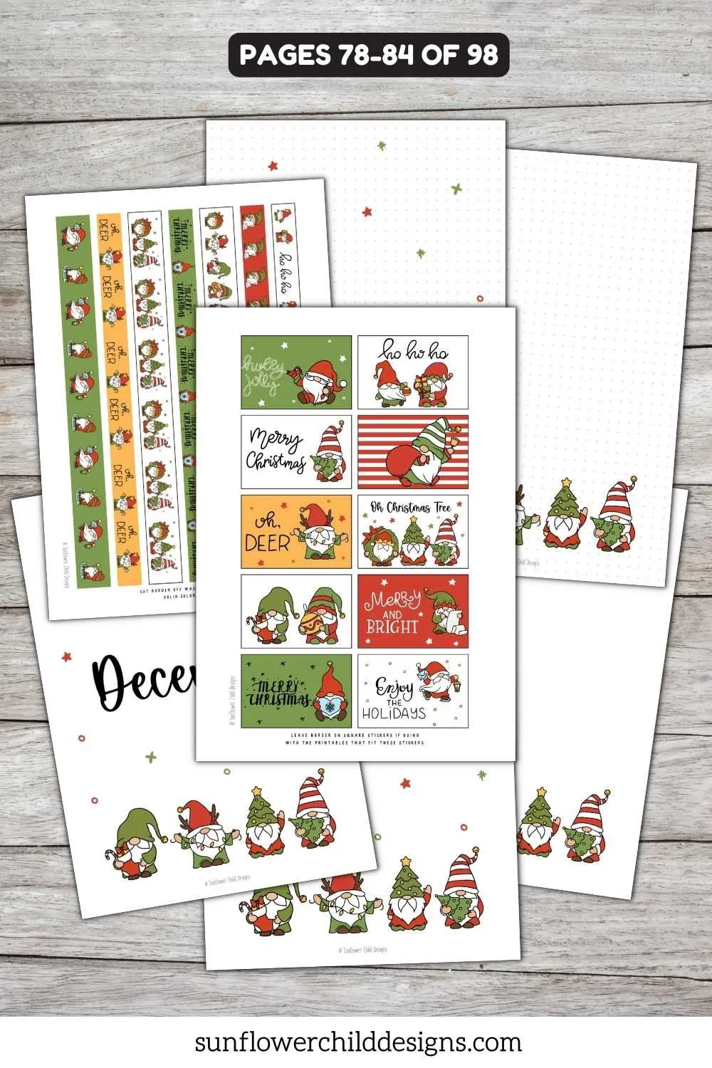 December themed gnome planner stickers featuring Christmas designs, festive icons, and matching washi tape strips