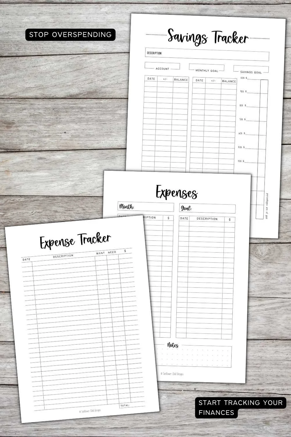 Savings log and expense tracking printable pages for budgeting organization.