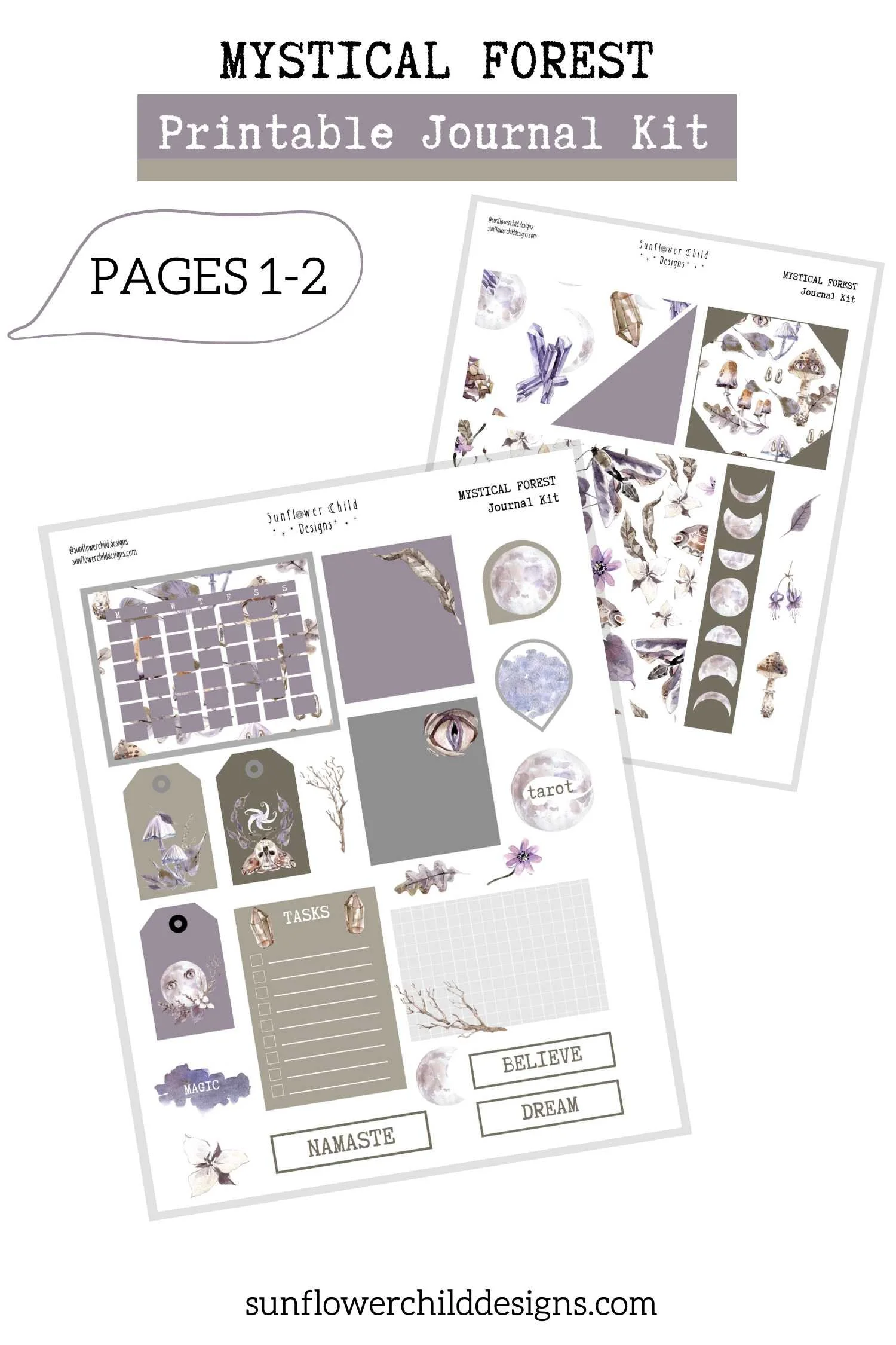 Mystical forest printable planner sticker sheets with moon phases, woodland animals, and decorative journal elements