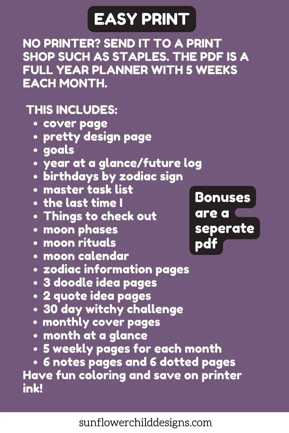 Printable witchy planner page list showing included layouts and bonus pages