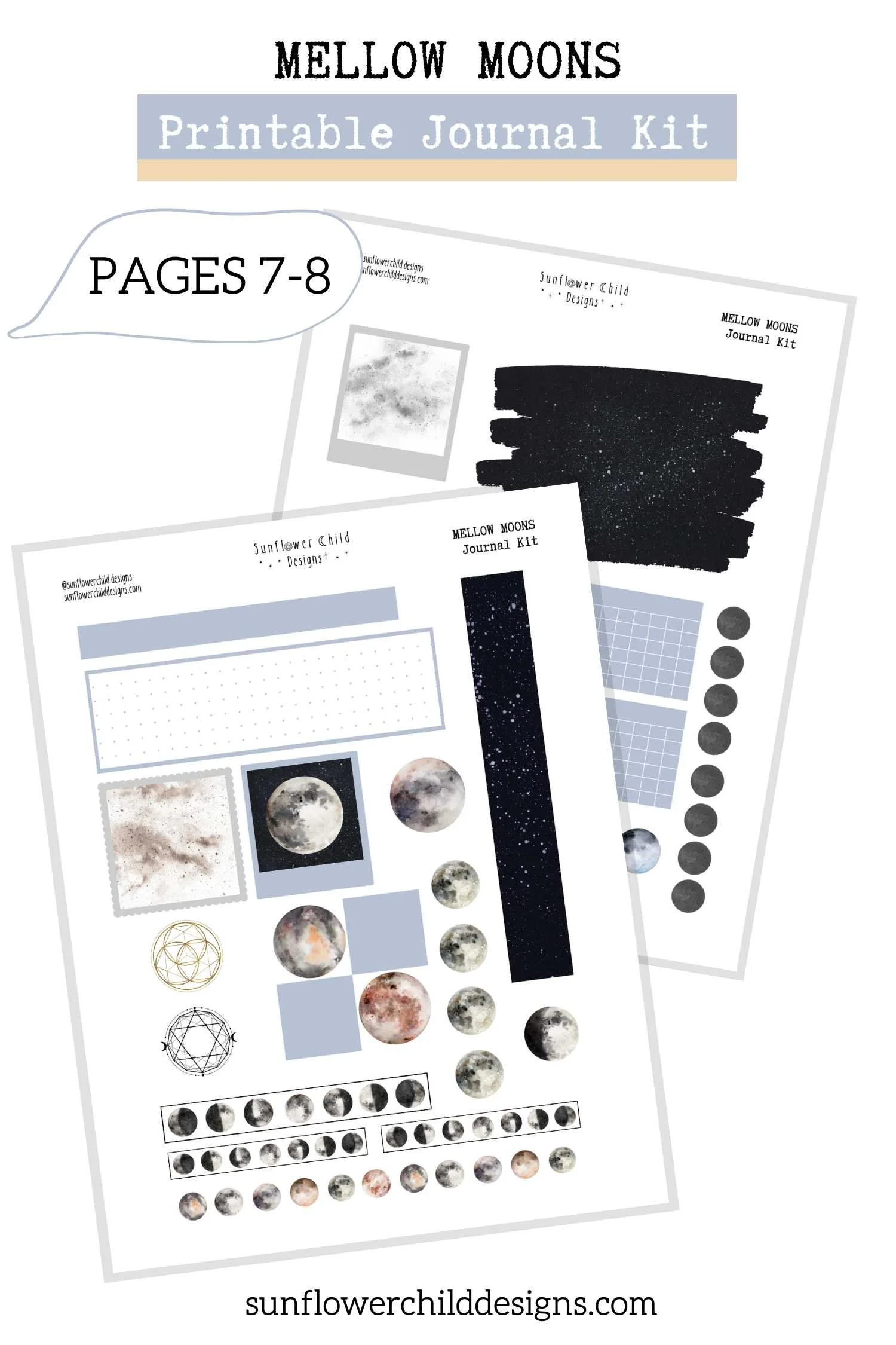 Celestial printable journal sticker sheets featuring moon icons, habit circles, and layout boxes
