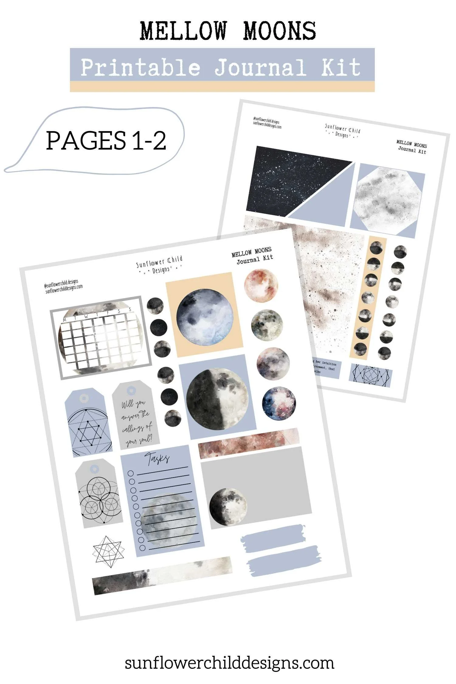Printable moon planner sticker sheets with lunar phase circles, journaling boxes, and celestial decorative elements