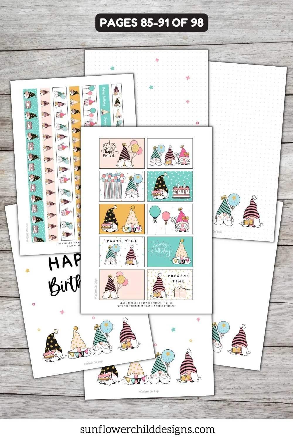 Celebration themed gnome printable planner stickers with party elements, banners, and coordinating decorative strips