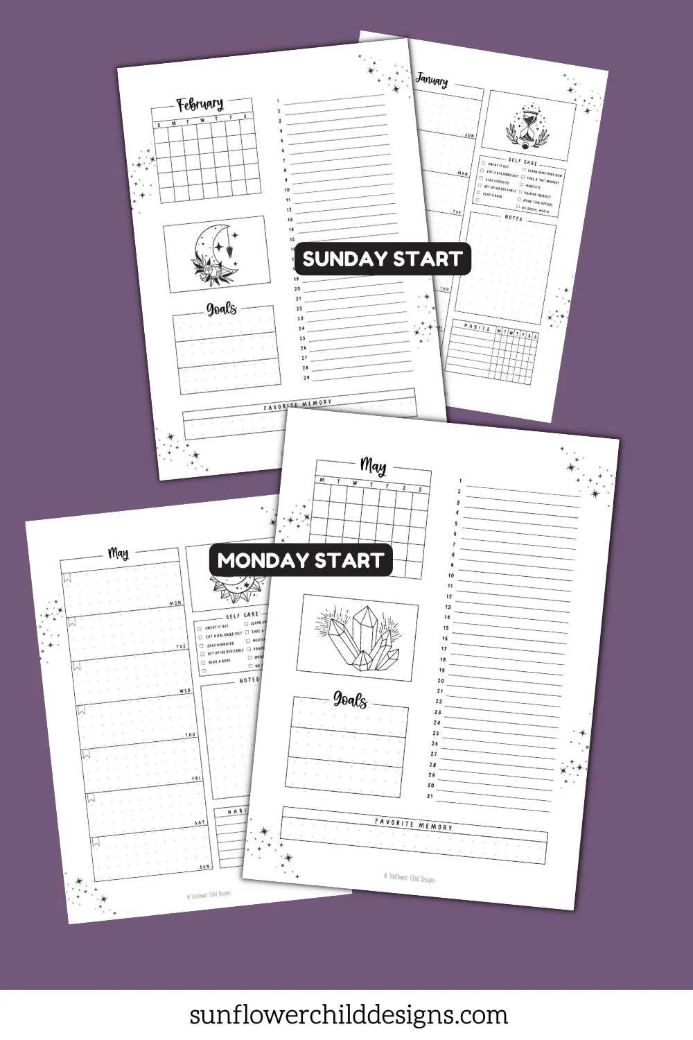 Weekly self-care spreads and monthly planning pages with mystical theme