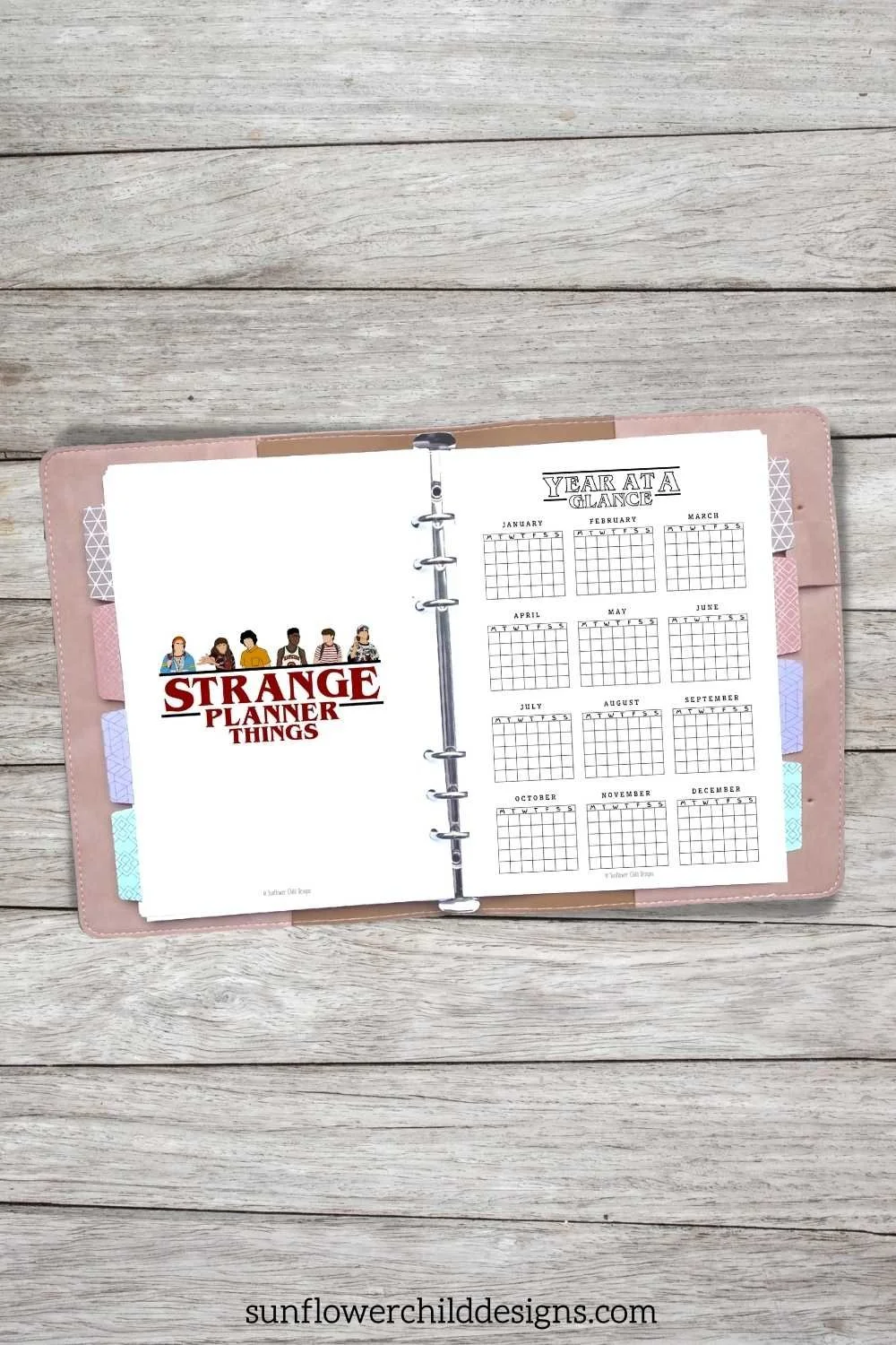 Retro themed weekly planner spread shown in binder with stickers placed