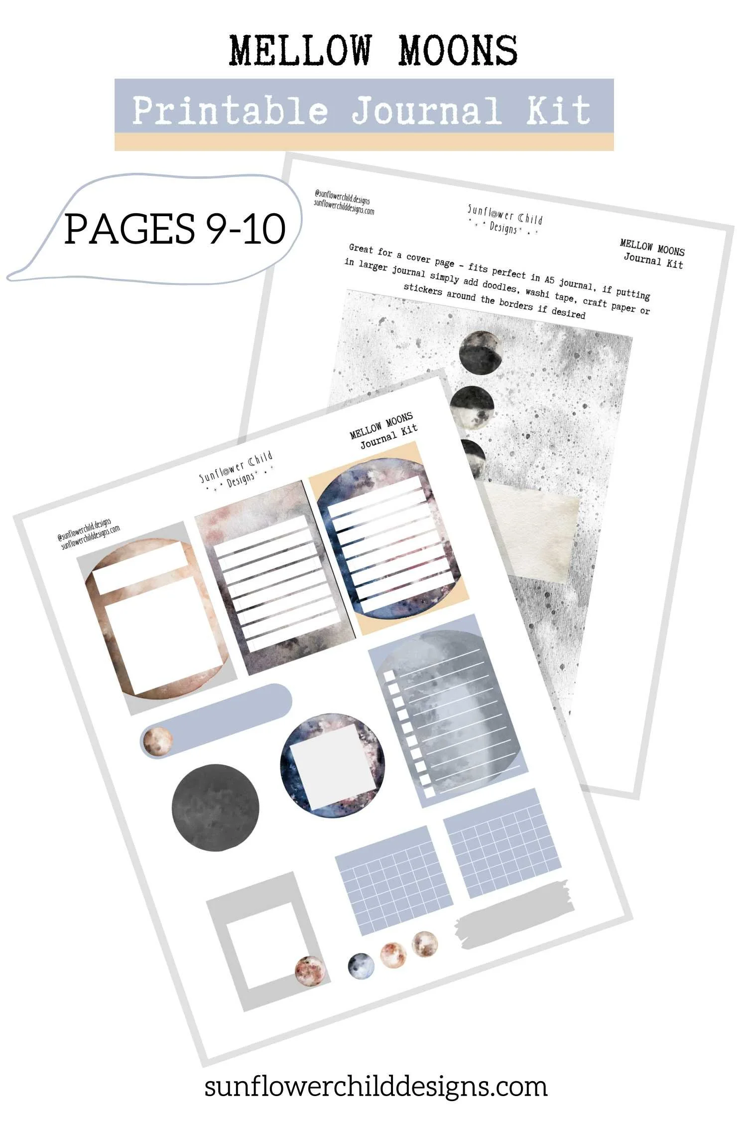 Printable moon planner kit pages with functional boxes, banners, and lunar themed decorative elements