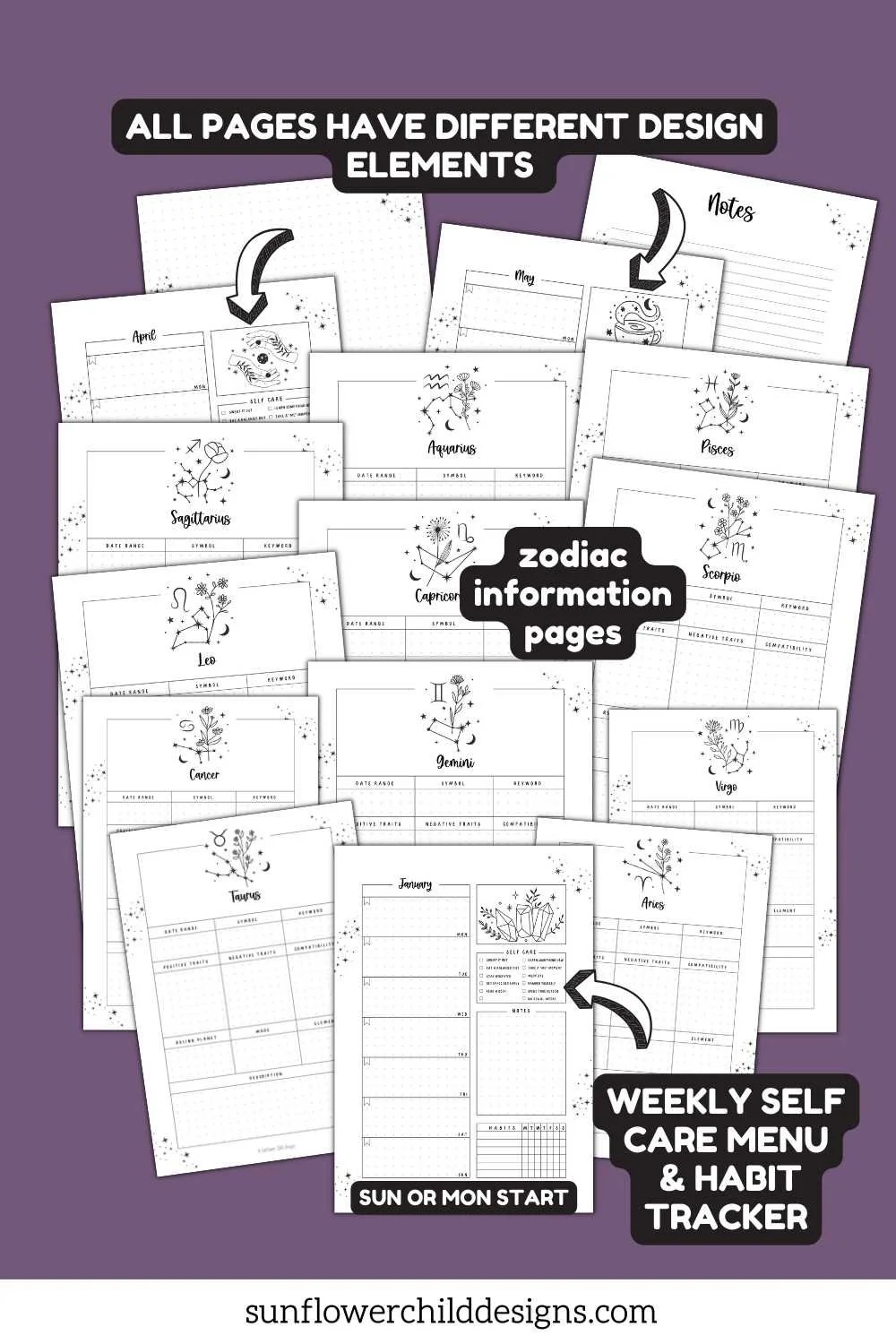 Printable zodiac themed journal pages and weekly reflection layouts