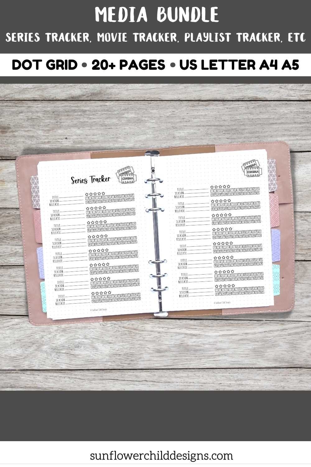 Open journal layout featuring printable movie tracker pages with rating sections and watch logs