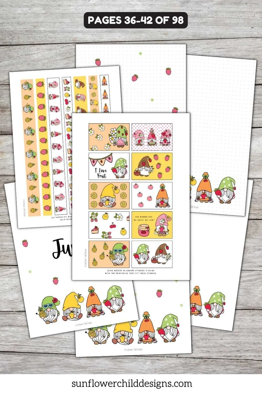 June summer themed printable gnome planner stickers with summer designs