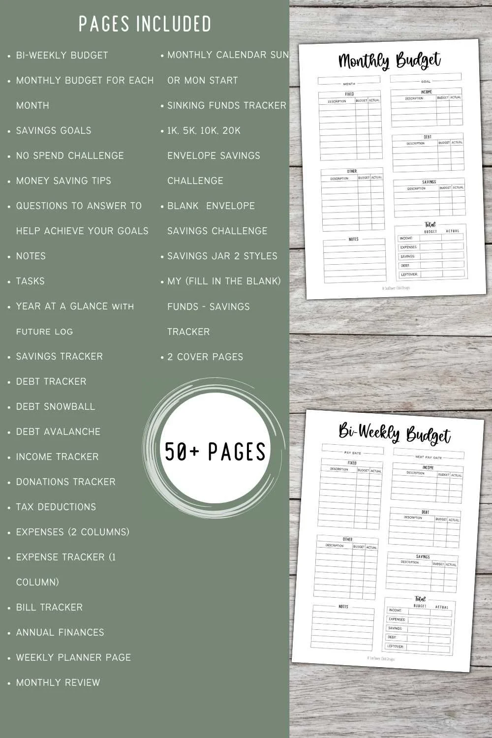 Finance planner printable page list showing 50+ budgeting and savings templates included.