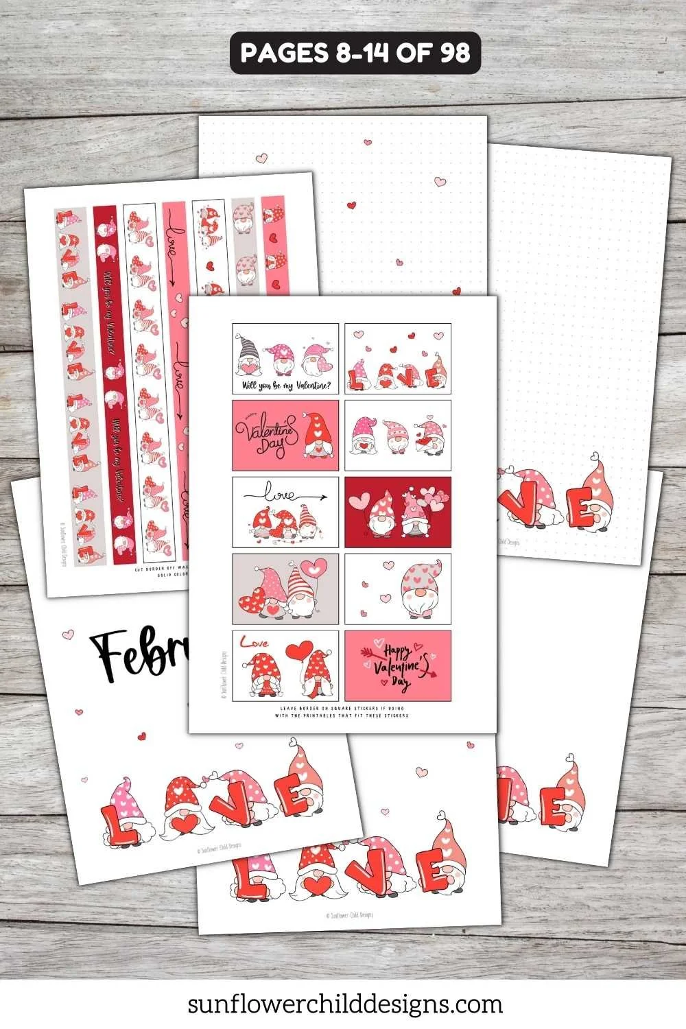 February hearts themed printable gnome planner stickers with decorative elements.