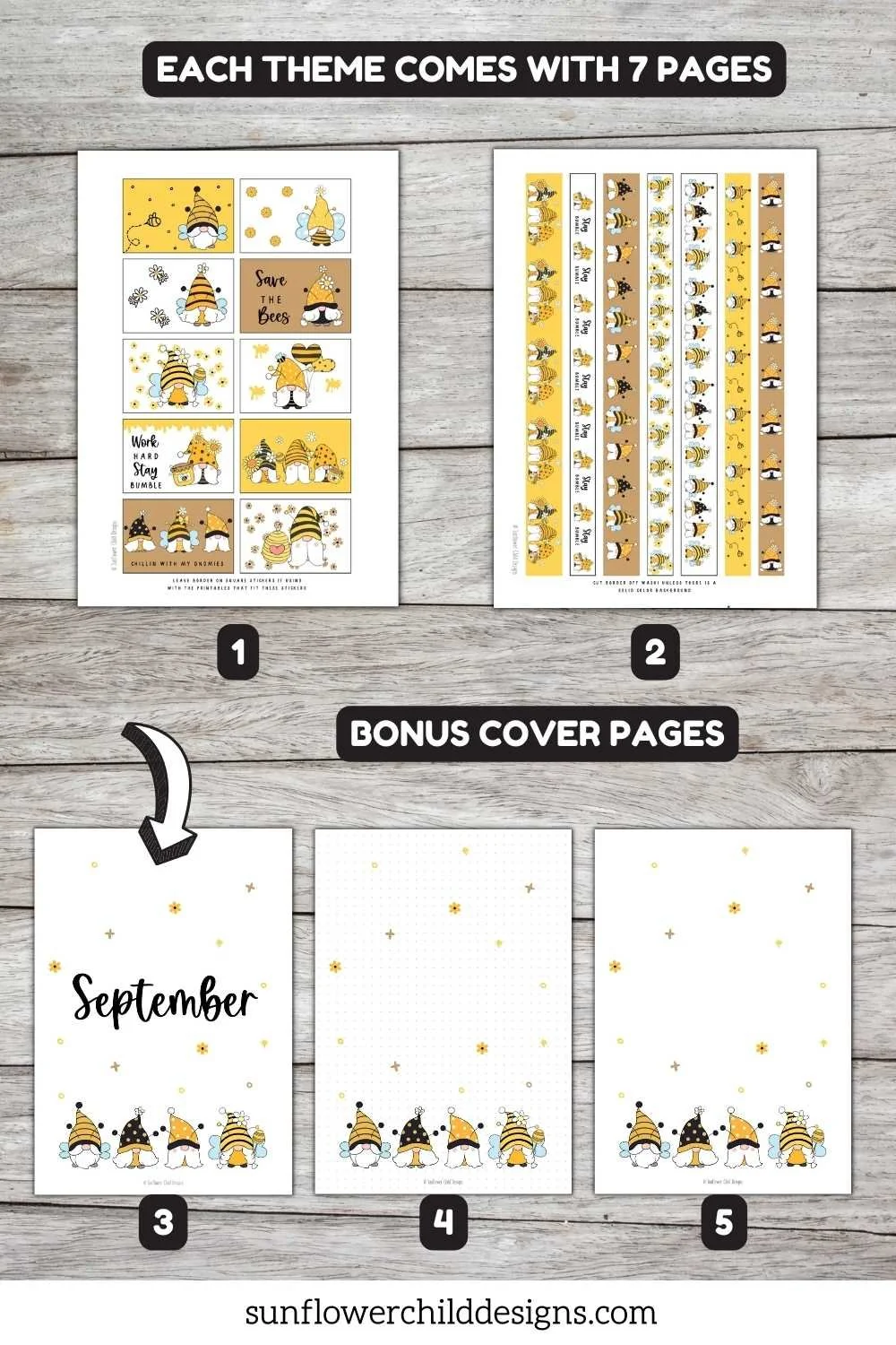 Gnome themed printable planner stickers with bottom washi strip designs