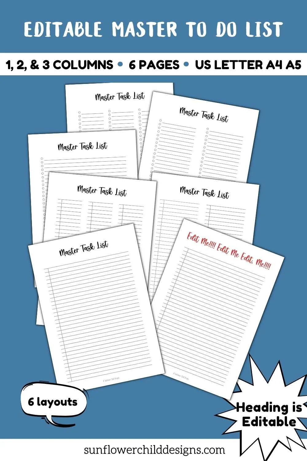 Editable master to do list printable bundle showing 1, 2, and 3 column page layouts in US Letter and A5 sizes
