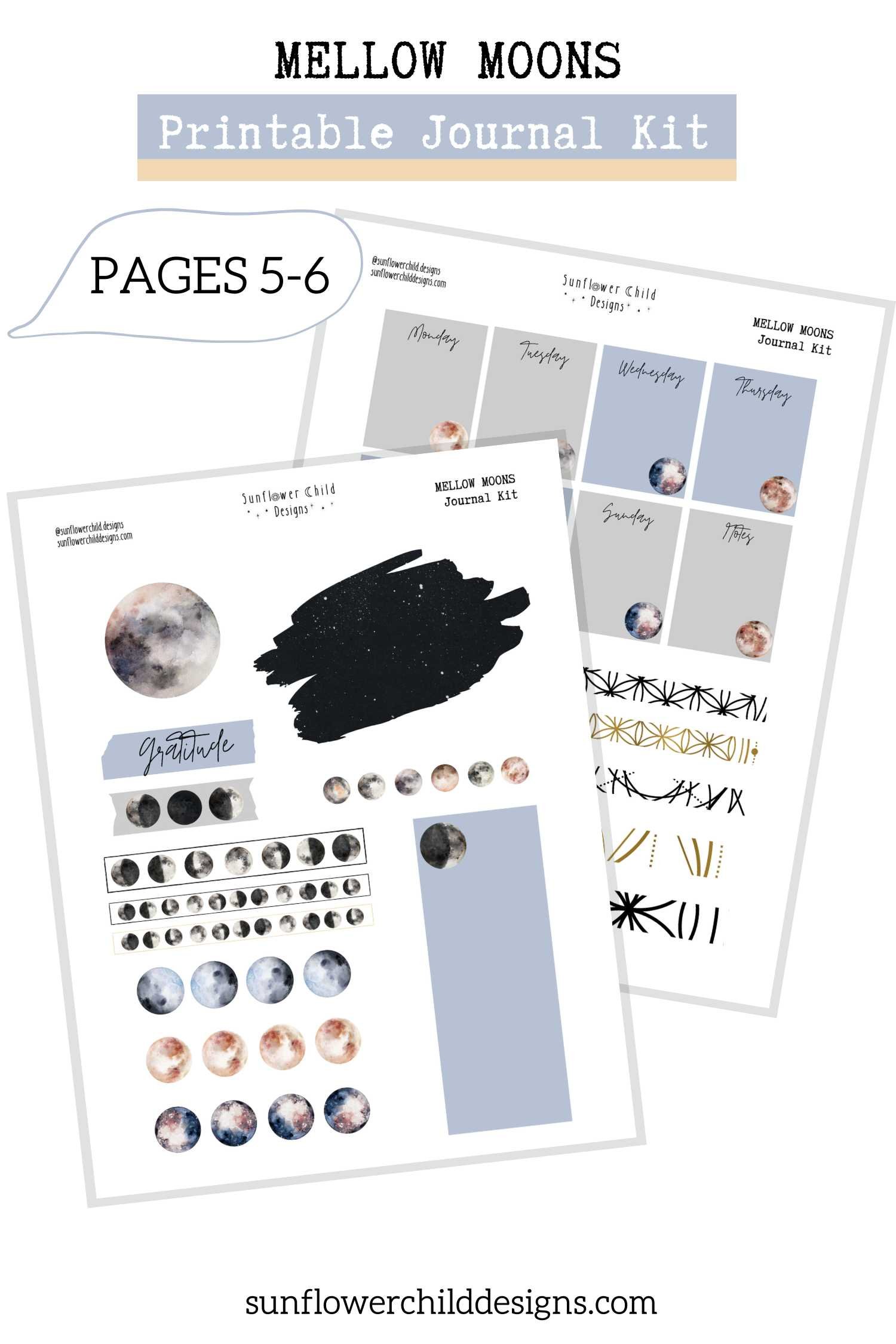 Moon phase planner stickers printable set with headers, labels, and coordinating celestial graphics